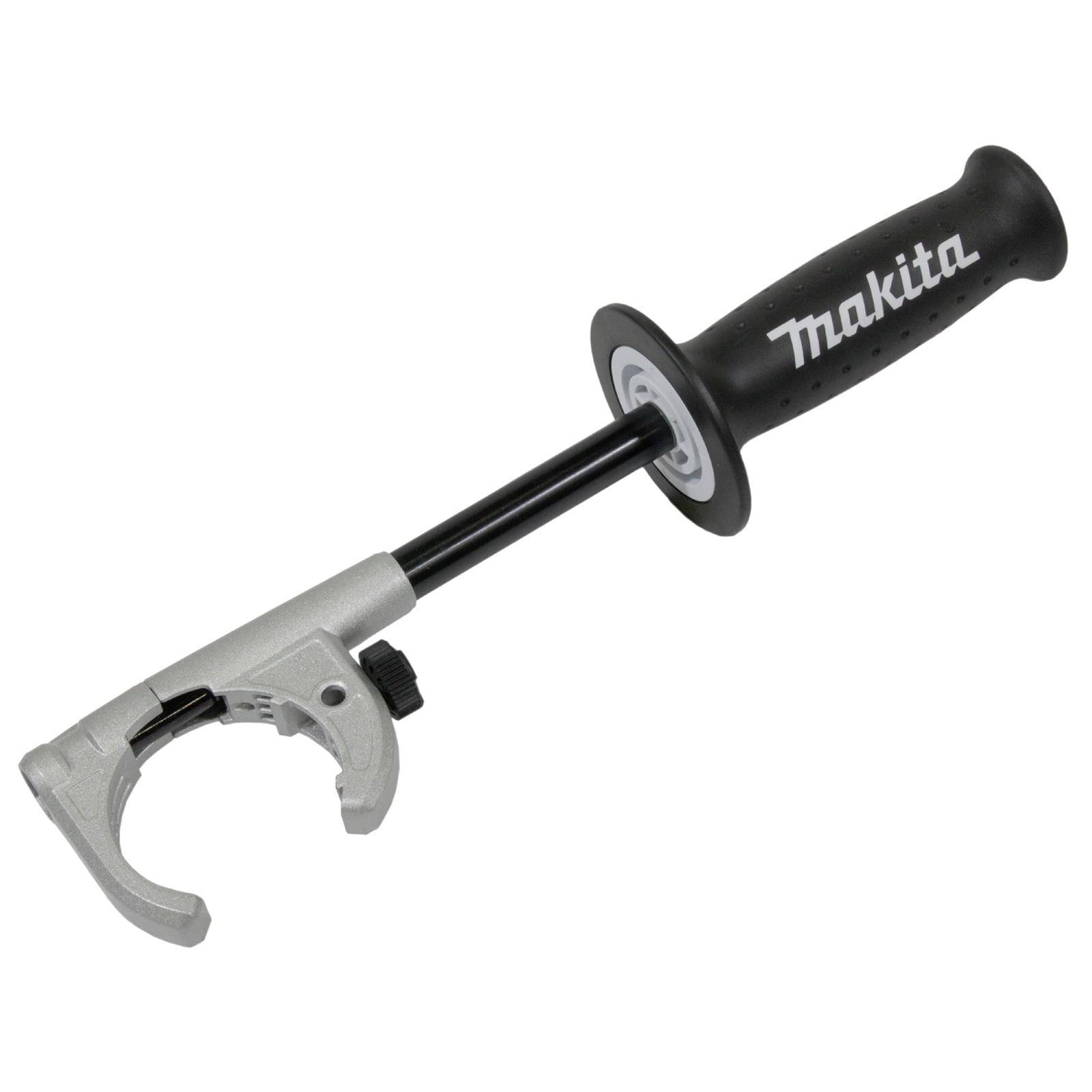 Seitenhandgriff-Anbaugerät von 'Makita', ausgestattet mit einem schwarzen Griff und einer silbernen Klemmvorrichtung, konzipiert zur Verbesserung der Kontrolle.
