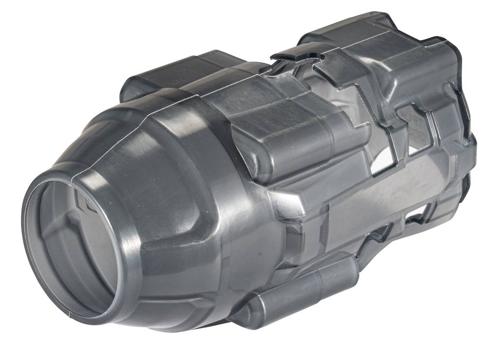 Grauer zylindrischer mechanischer Steckverbinder oder Kupplung mit einer kreisförmigen Öffnung, dargestellt auf weißem Hintergrund.