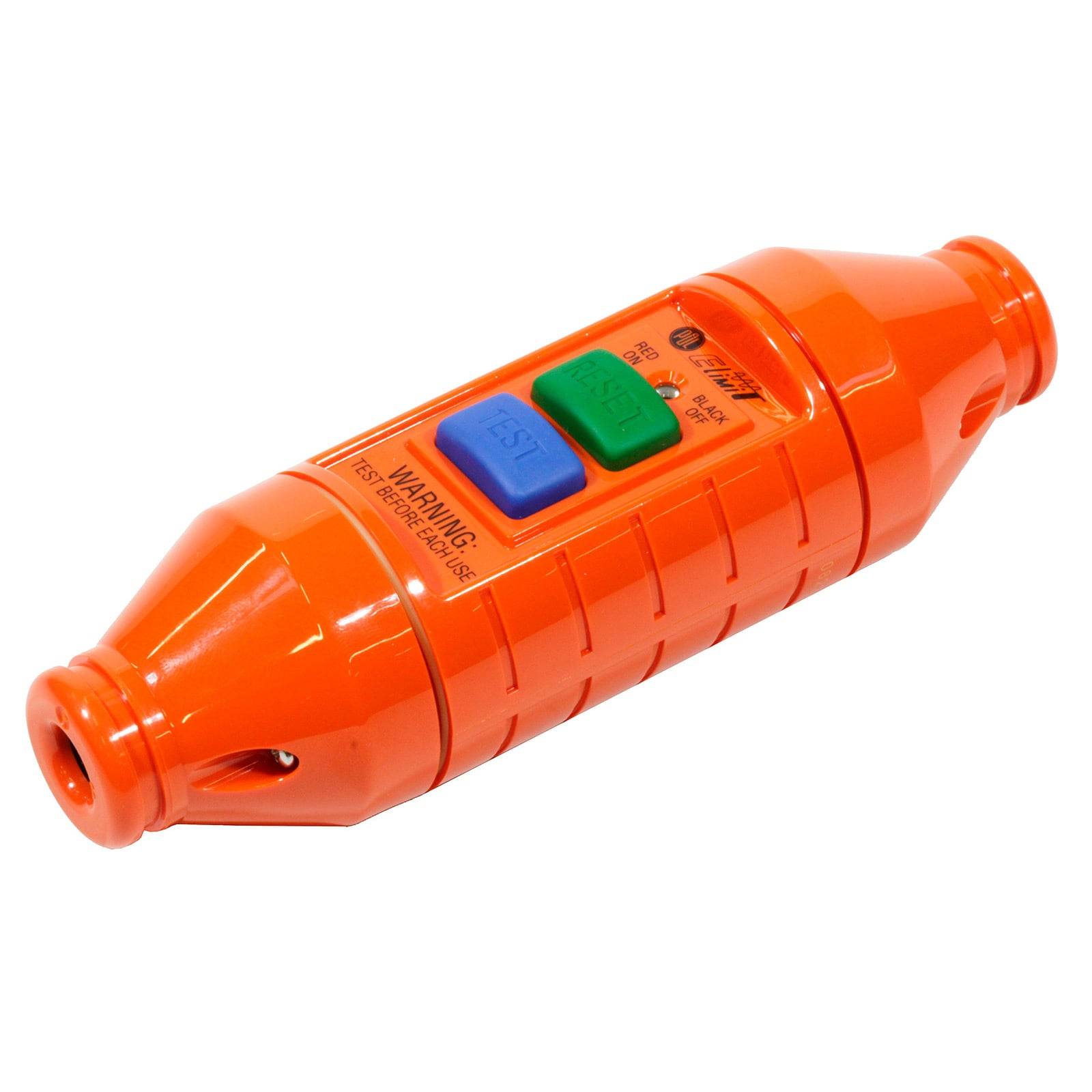 Ein orangefarbener elektrischer Sicherheitsstecker verfügt über 'TEST'- und 'RESET'-Tasten, die dazu dienen, einen elektrischen Schlag zu verhindern.