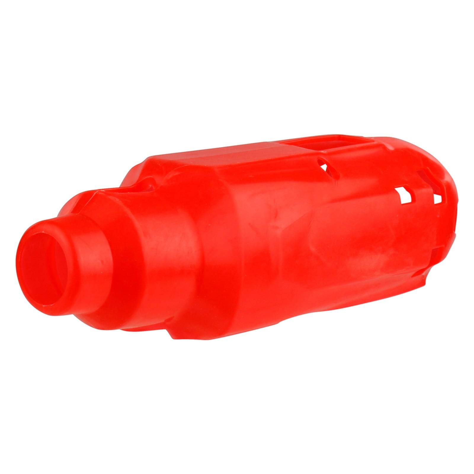 Eine rote Plastikdüse, geformt mit mehreren Rillen und Öffnungen, die üblicherweise als Zubehörteil für ein Werkzeug oder eine Maschine verwendet wird.