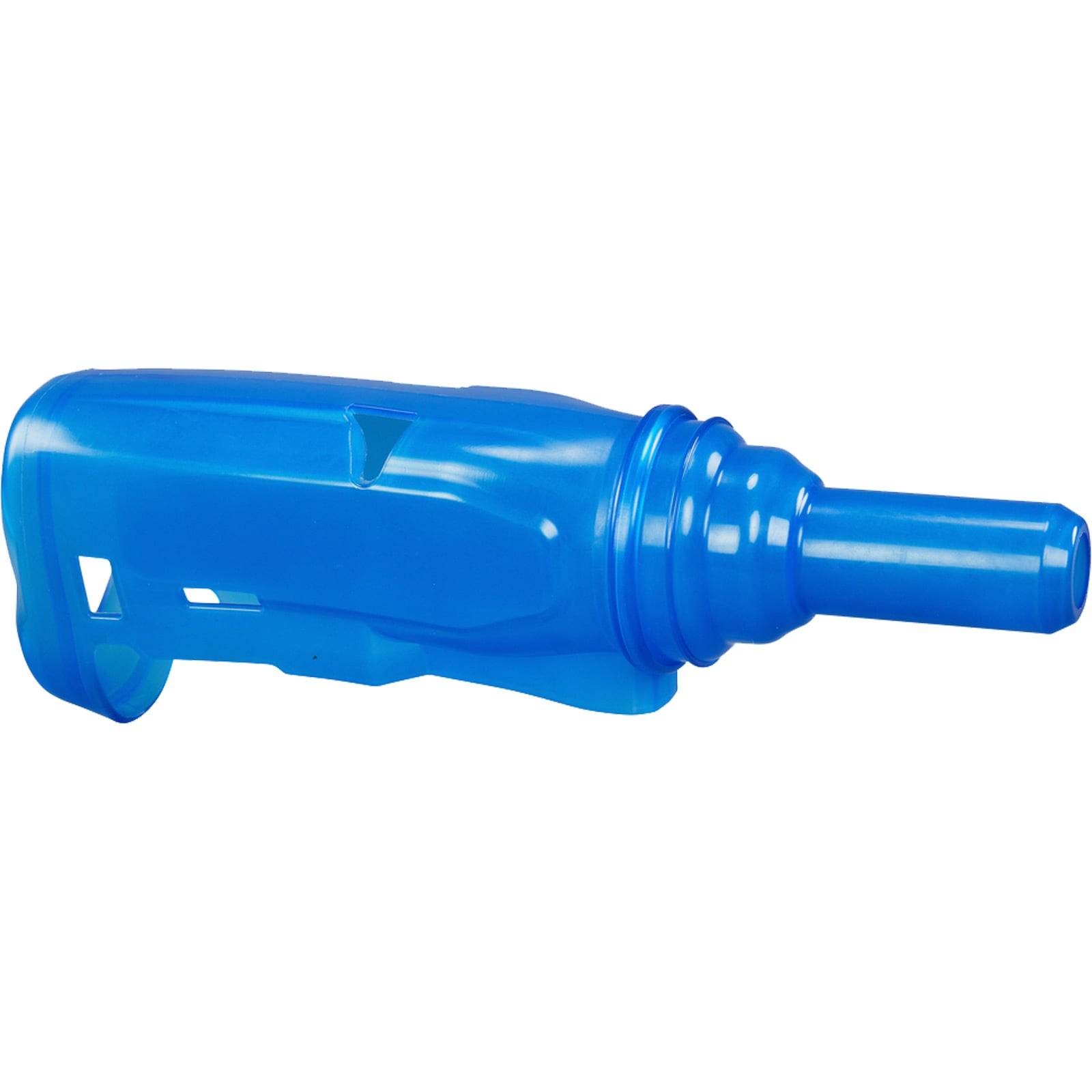 Ein blauer Plastik-Magazin für einen Nerf-Blaster, von der Seite gezeigt. Er hat eine zylindrische Form mit einem Griff für einfaches Einsetzen und Herausnehmen.