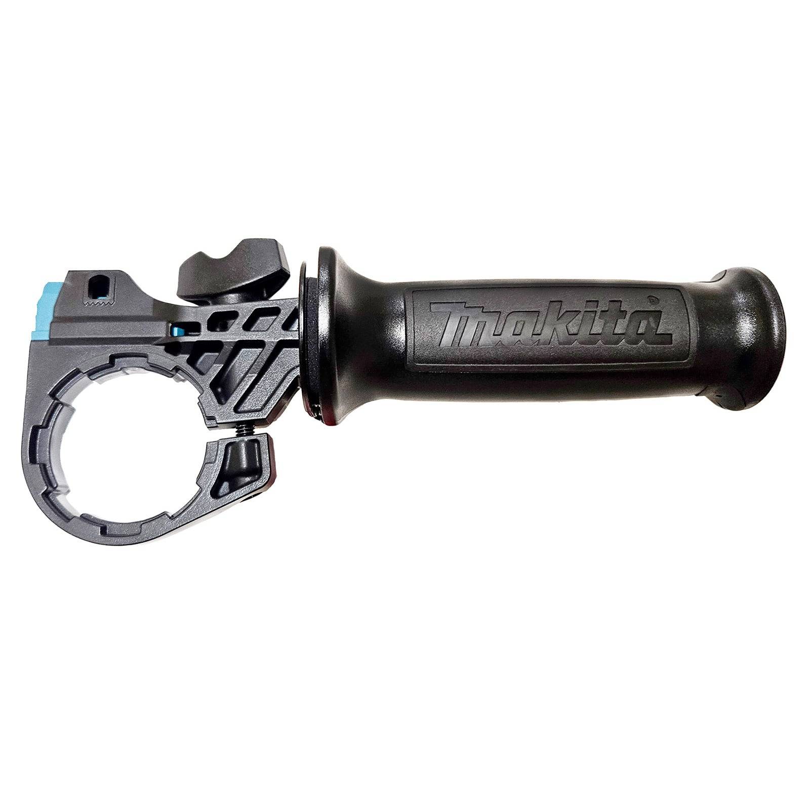 Schwarzer Makita-Seitenhandgriff für Elektrowerkzeuge, mit Montagebügel und Makita-Logo, verwendet zur Verbesserung von Kontrolle und Komfort.