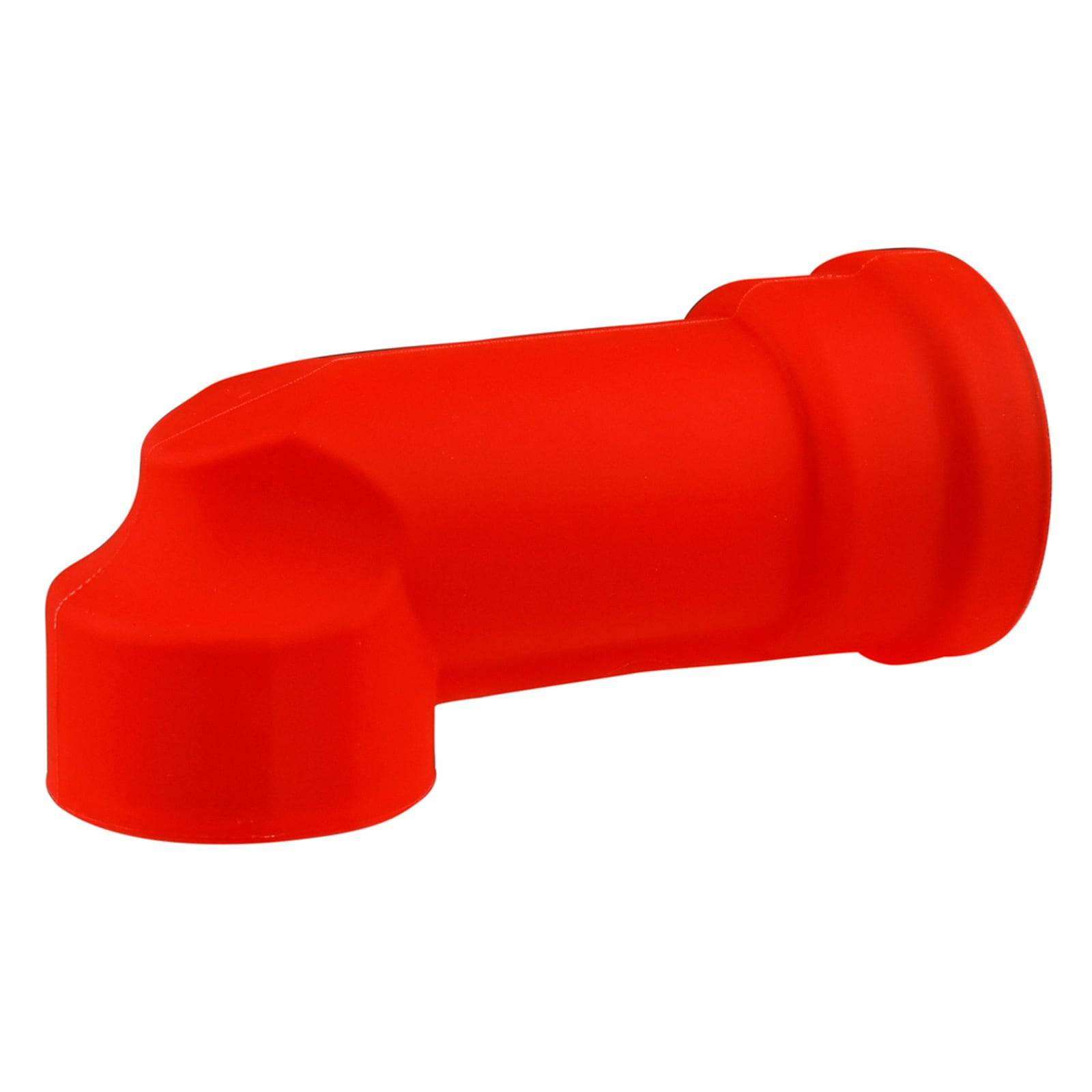 Ein roter Plastikdeckel oder eine Abdeckung mit einer zylindrischen Form und einem abgerundeten Ende, möglicherweise verwendet für Verpackungen oder zum Versiegeln von Behältern.