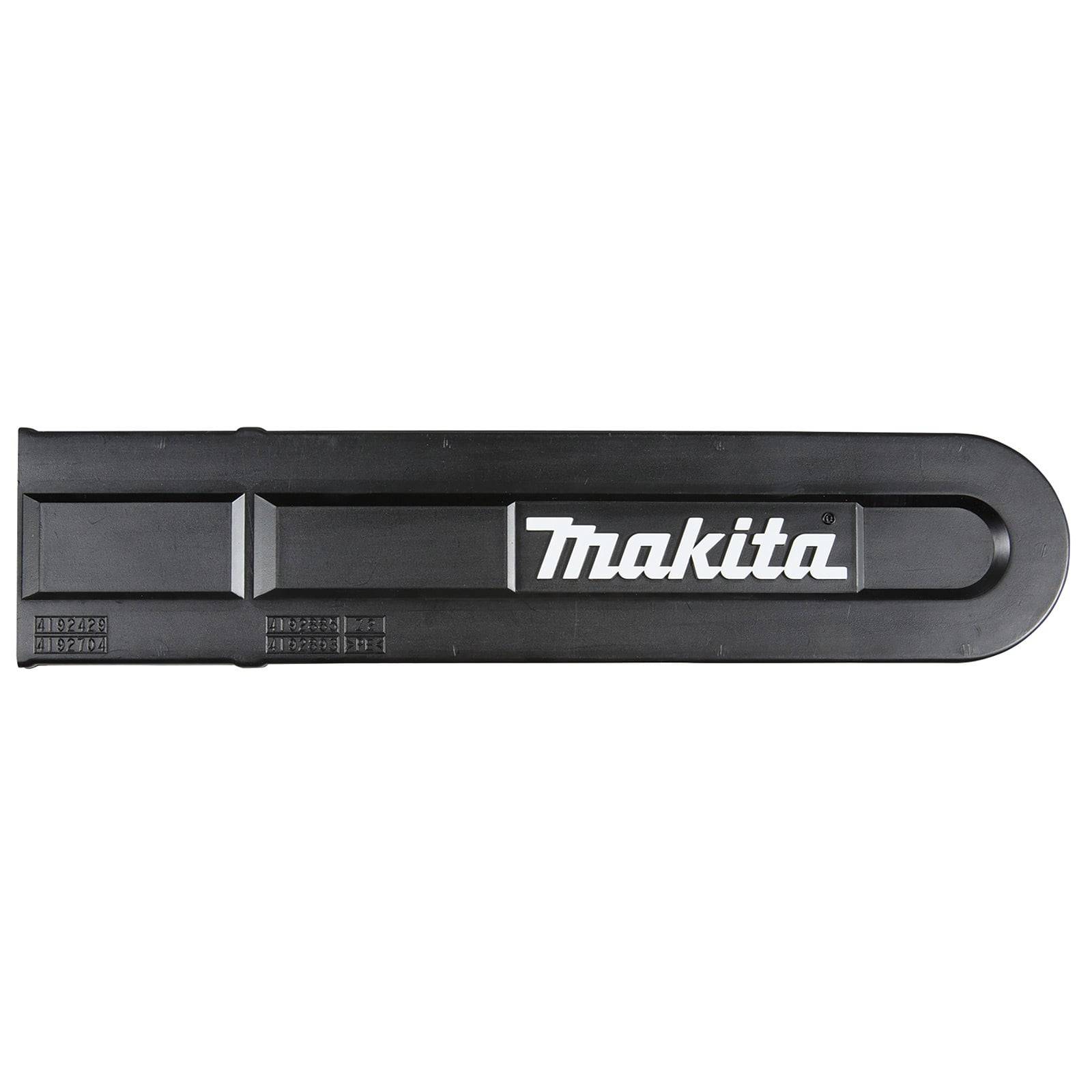Eine schwarze Makita-Tasche, wahrscheinlich für eine Kettensägeschiene, mit dem Makita-Logo, das prominent in weißer Schrift dargestellt ist.