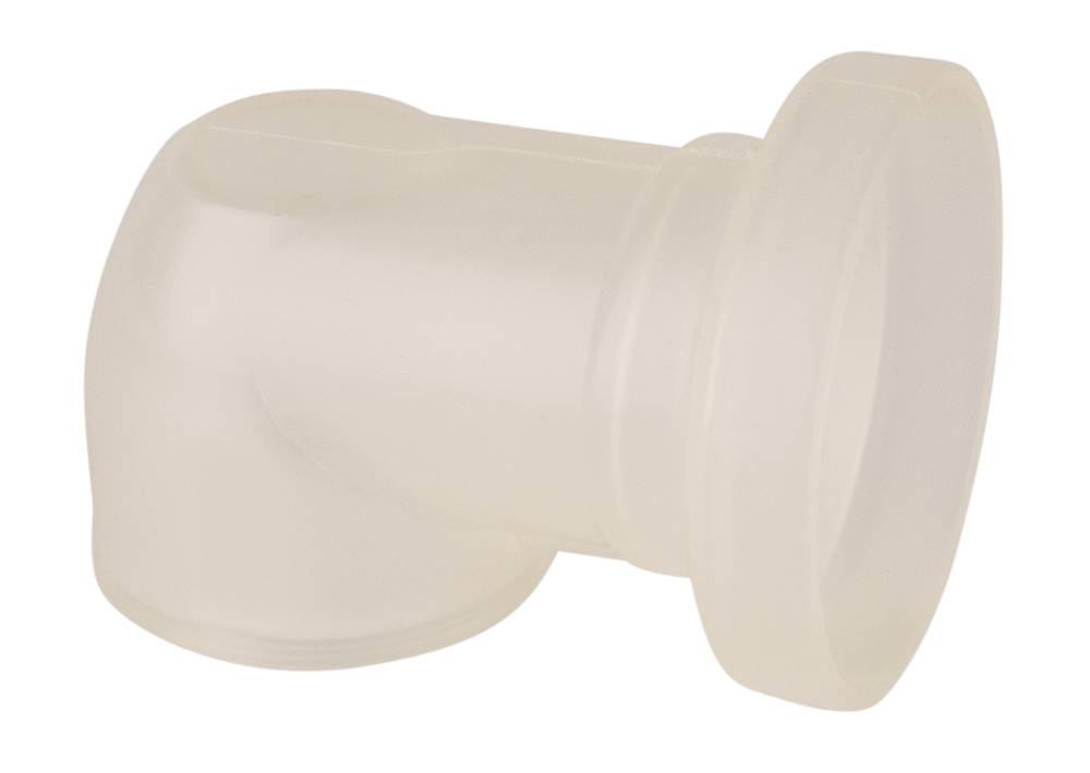 Durchsichtiges beiges Kunststoff-Rohrbogen-Fitting mit breitem Flansch an einem Ende, isoliert auf weißem Hintergrund dargestellt.