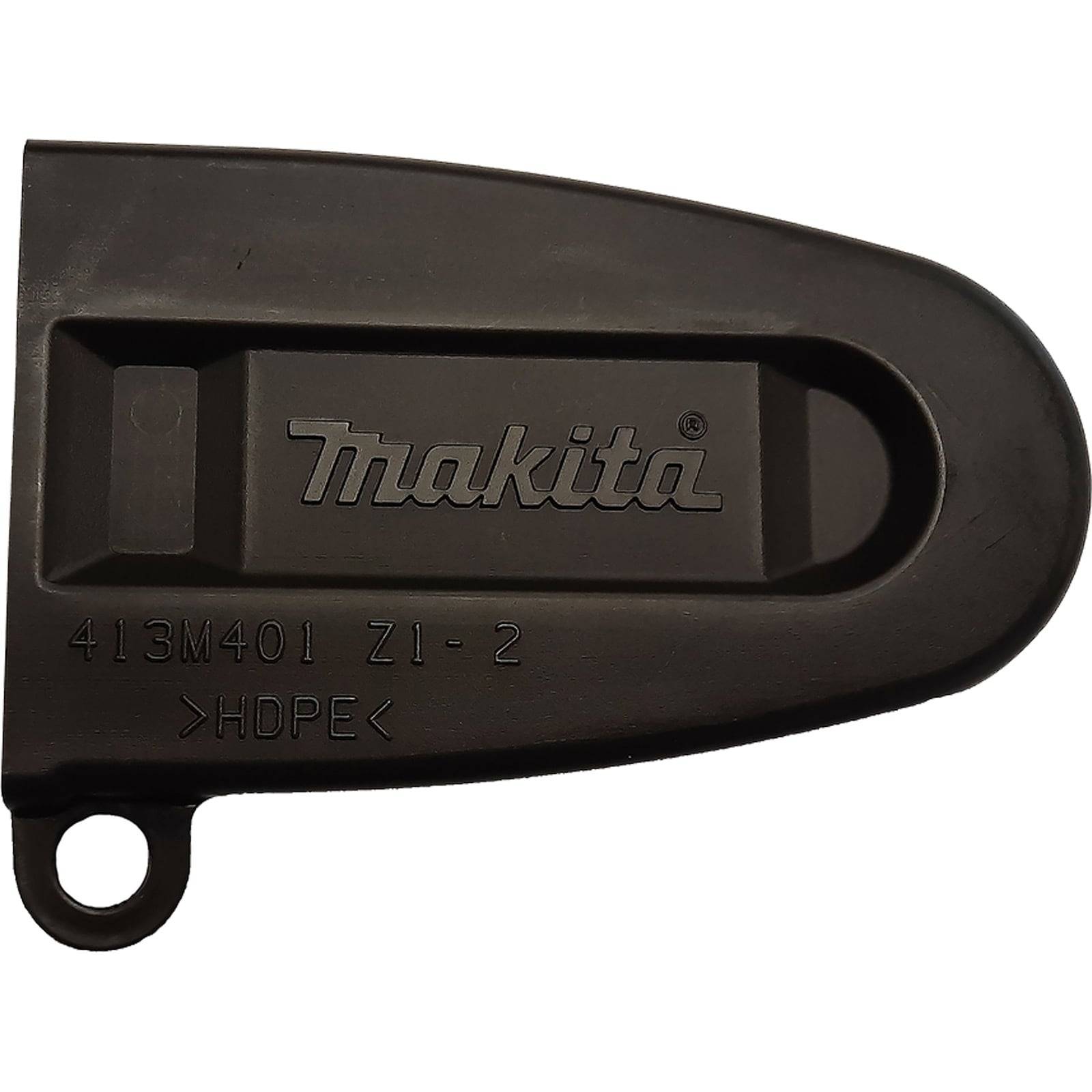 Schwarze Schutzabdeckung mit der Bezeichnung 'Makita', Modell '413M401 Z1-2' und 'HDPE', verwendet für Elektrowerkzeuge.