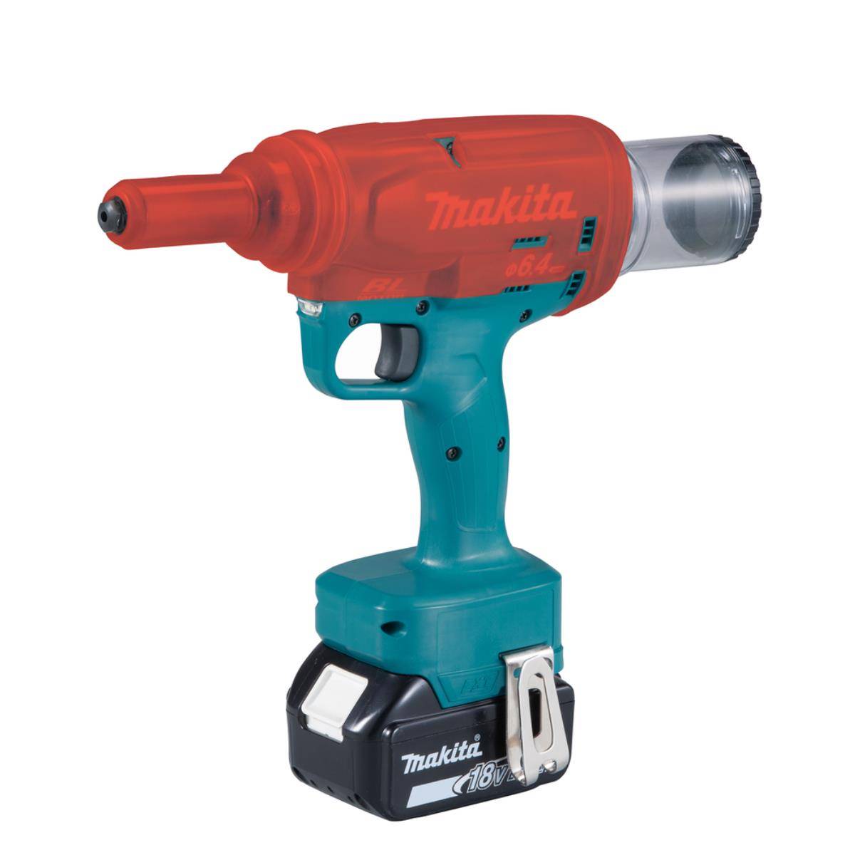 Kabelloses Makita-Elektrowerkzeug mit roter Vorderseite, Türkis-Griff und schwarzem 18V-Akku auf weißem Hintergrund.
