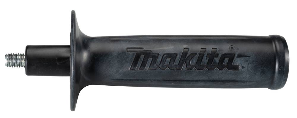 Schwarzer Makita-Ersatzgriff mit Befestigungsflansch und Gewinde-Metallstift an einem Ende, gezeigt auf weißem Hintergrund