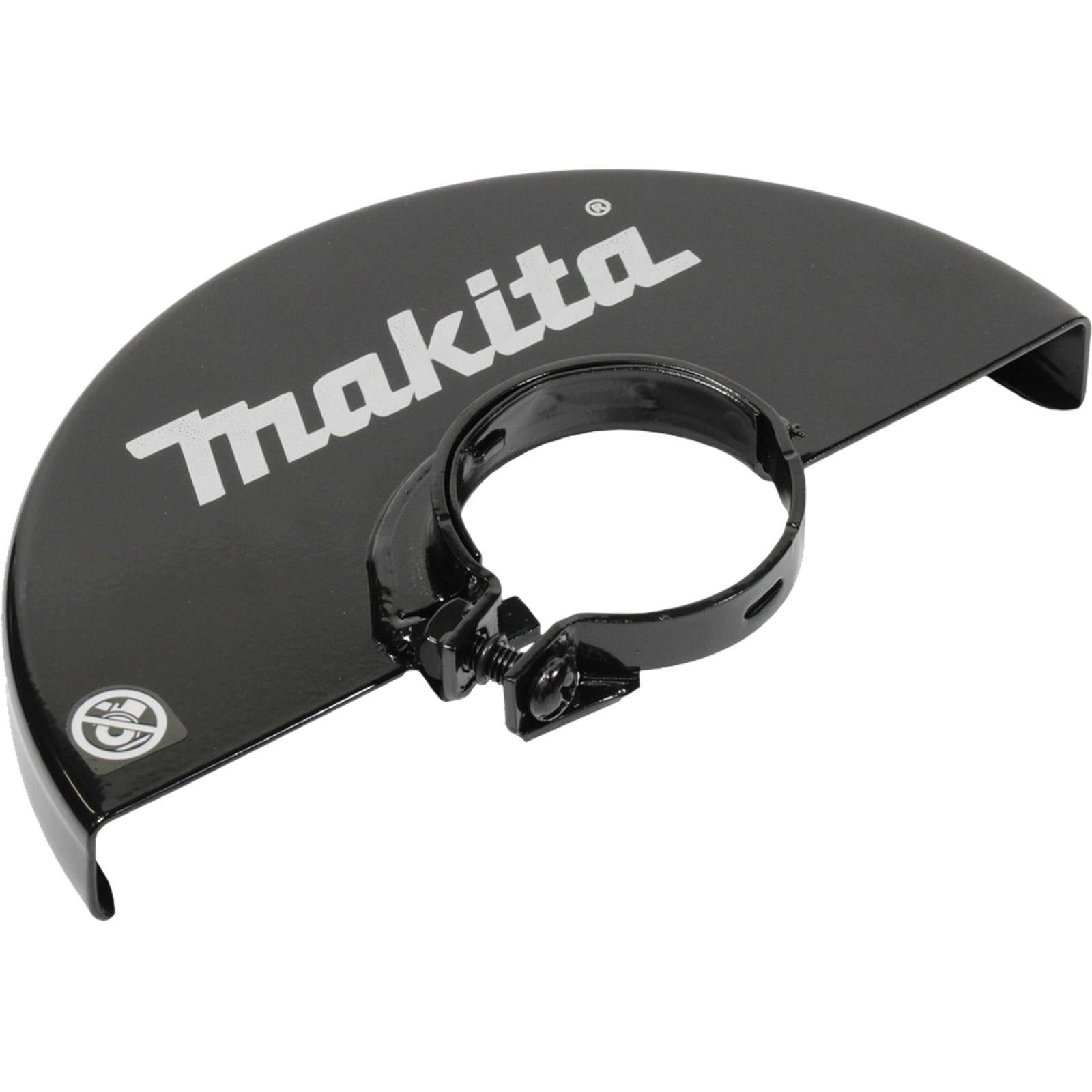 Eine schwarze Makita Winkelschleifer-Schutzhaube mit einer kreisförmigen Klemmvorrichtung zur Befestigung und einem erhöhten Rand für mehr Sicherheit.
