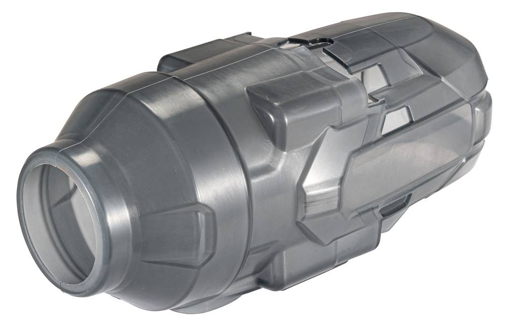 Grauer zylindrischer mechanischer Bauteil mit großer Öffnung, dargestellt auf weißem Hintergrund.