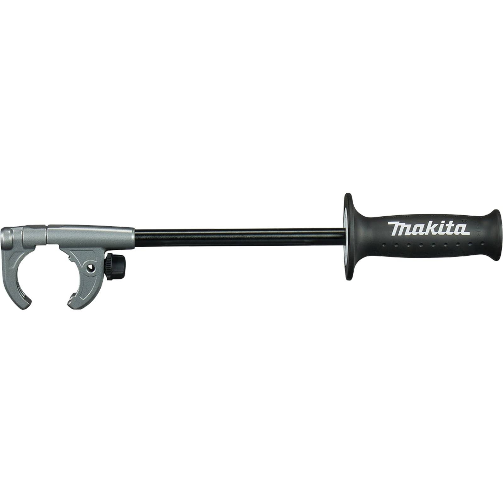 Ein Werkzeuggriff mit Makita-Logo, der an einem Ende einen Klemmmechanismus für Befestigungen aufweist und zur Stabilisierung und Steuerung von Elektrowerkzeugen dient.