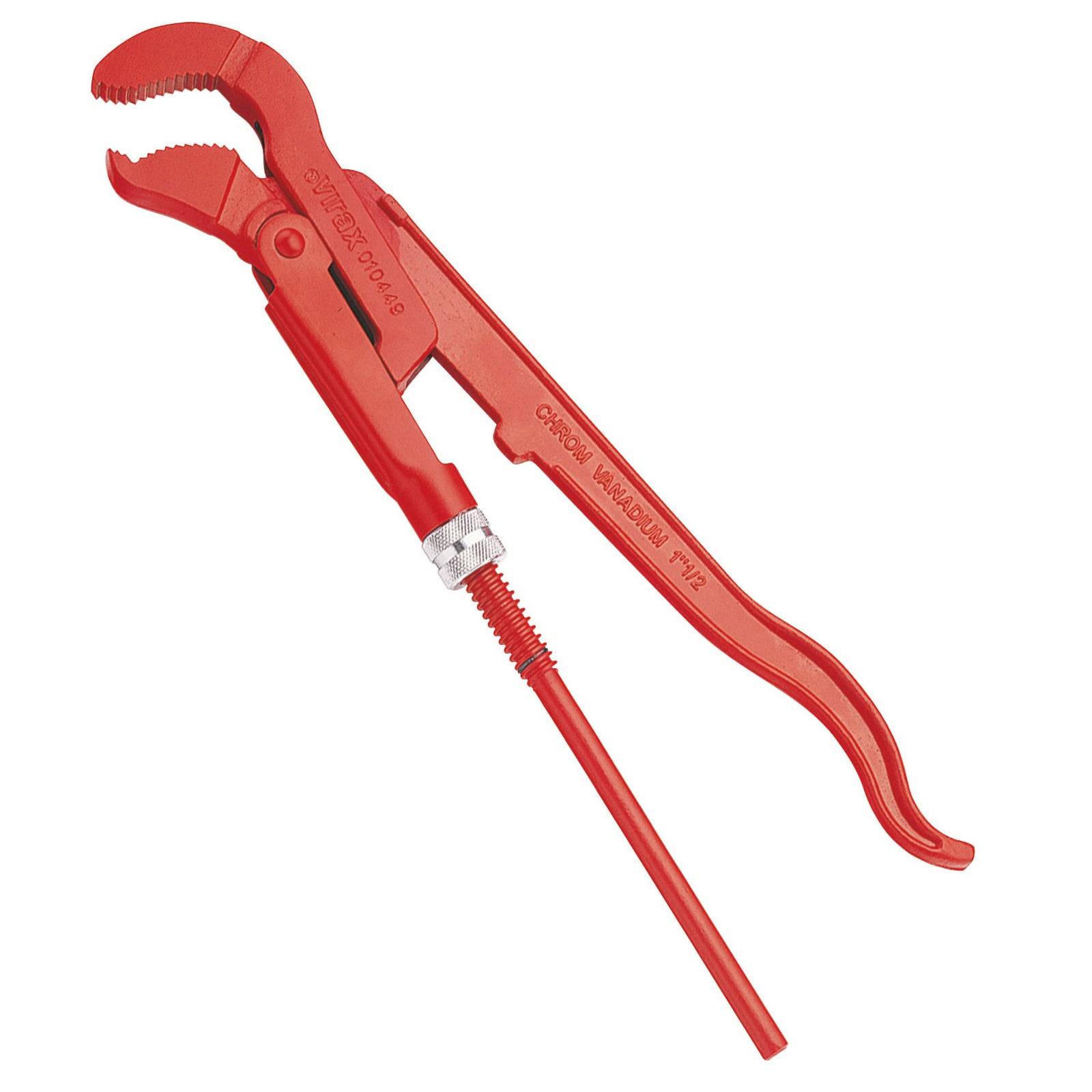 Roter Rohrzange mit verstellbaren, gezahnten Backen, entwickelt zum Greifen und Drehen von Rohren.