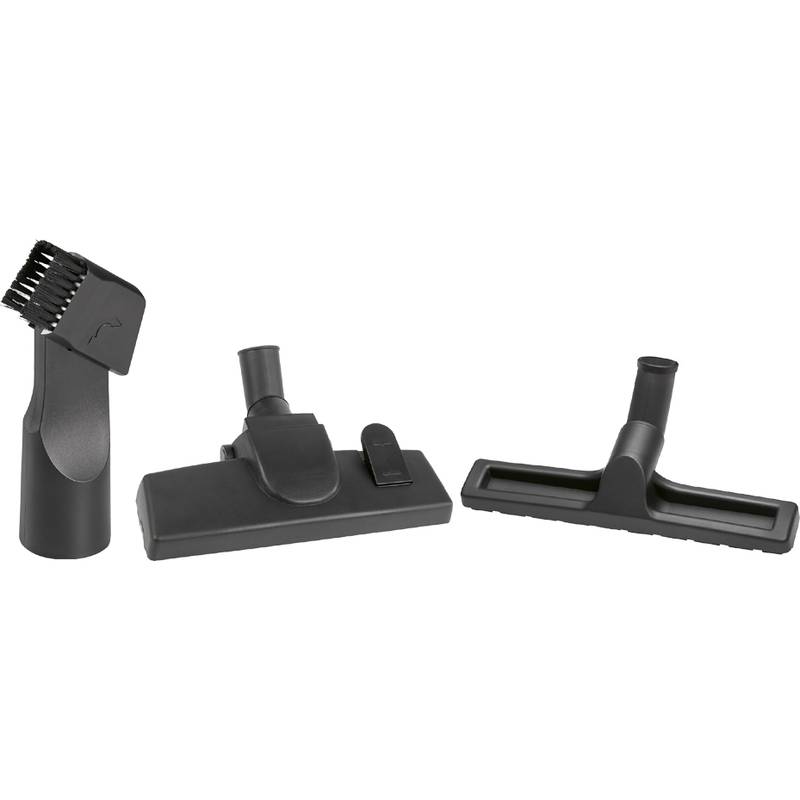 Drei Staubsaugeraufsätze, einschließlich einer Bürste, einer Flachdüse und eines breiten Bodenaufsatzes, nebeneinander auf weißem Hintergrund angeordnet.