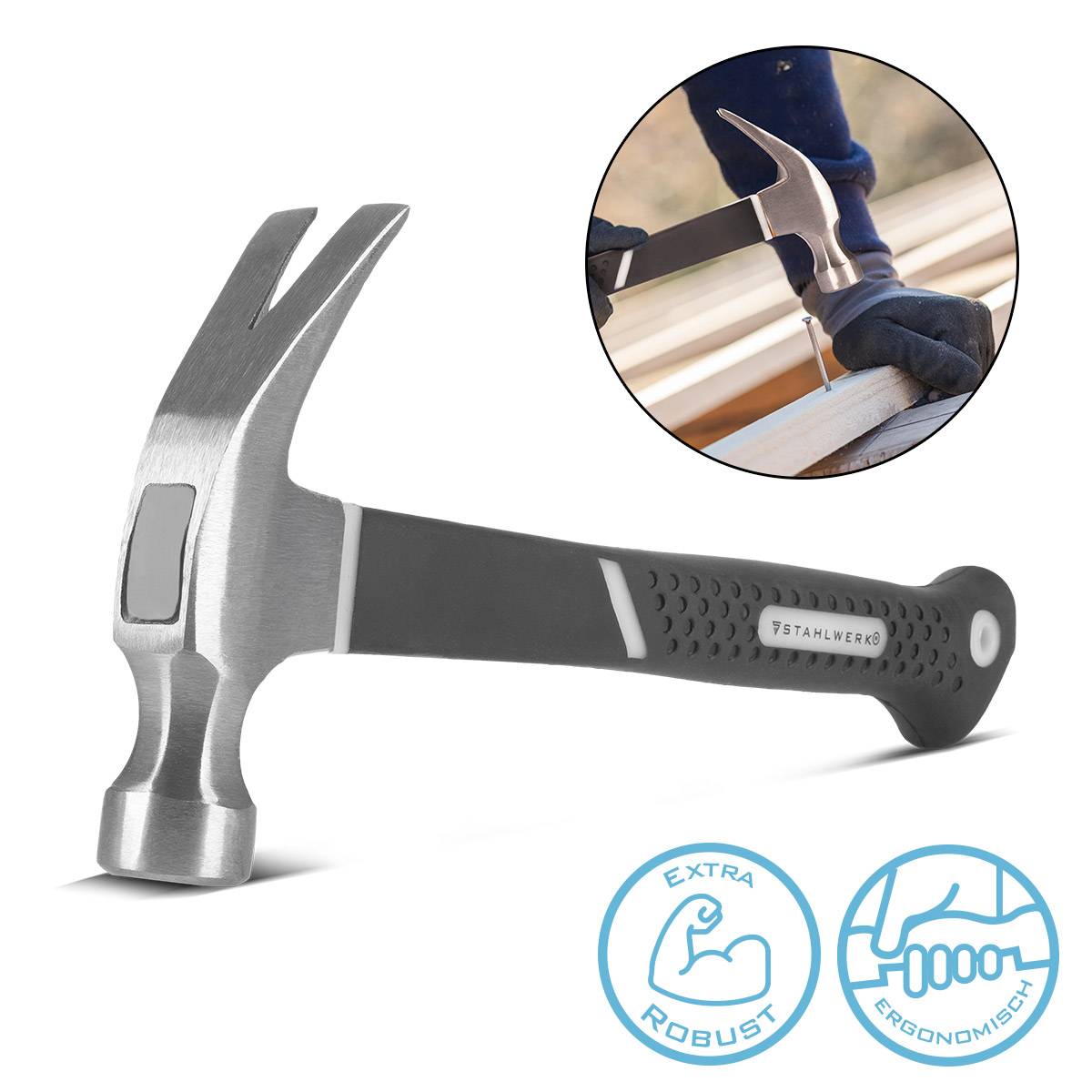 STAHLWERK Klauenhammer 570 g Zimmermannshammer aus Carbon-Stahl mit TPR Griff