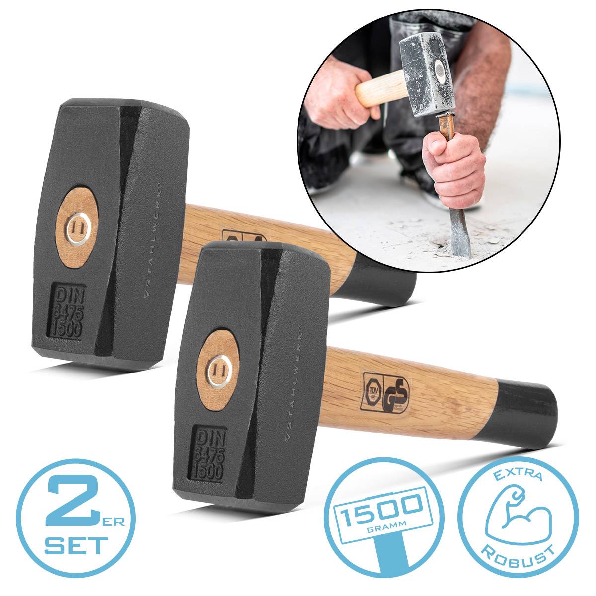 STAHLWERK Fäustel 2er Set 1500g Plattenhammer aus Carbon-Stahl Holzstiel