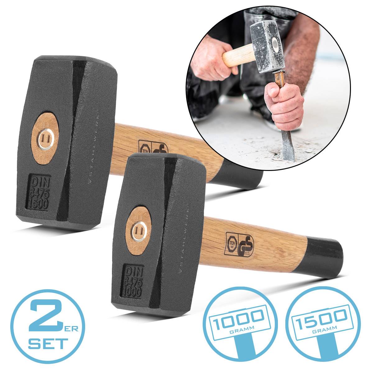 STAHLWERK Fäustel 2er Set 1000g 1500g Hammerkopf Plattenhammer aus Carbon-Stahl