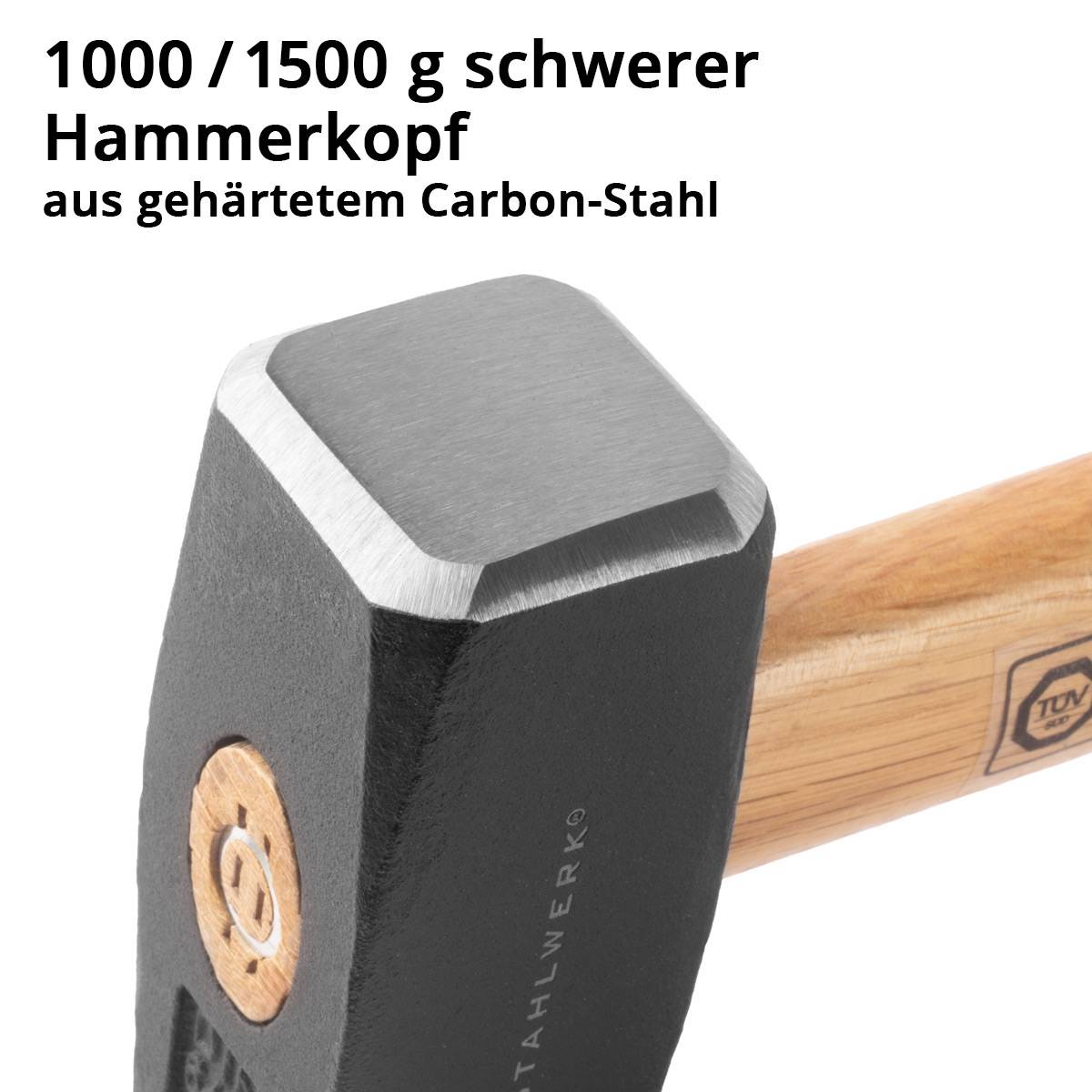 STAHLWERK Fäustel 2er Set 1000g 1500g Hammerkopf Plattenhammer aus Carbon-Stahl