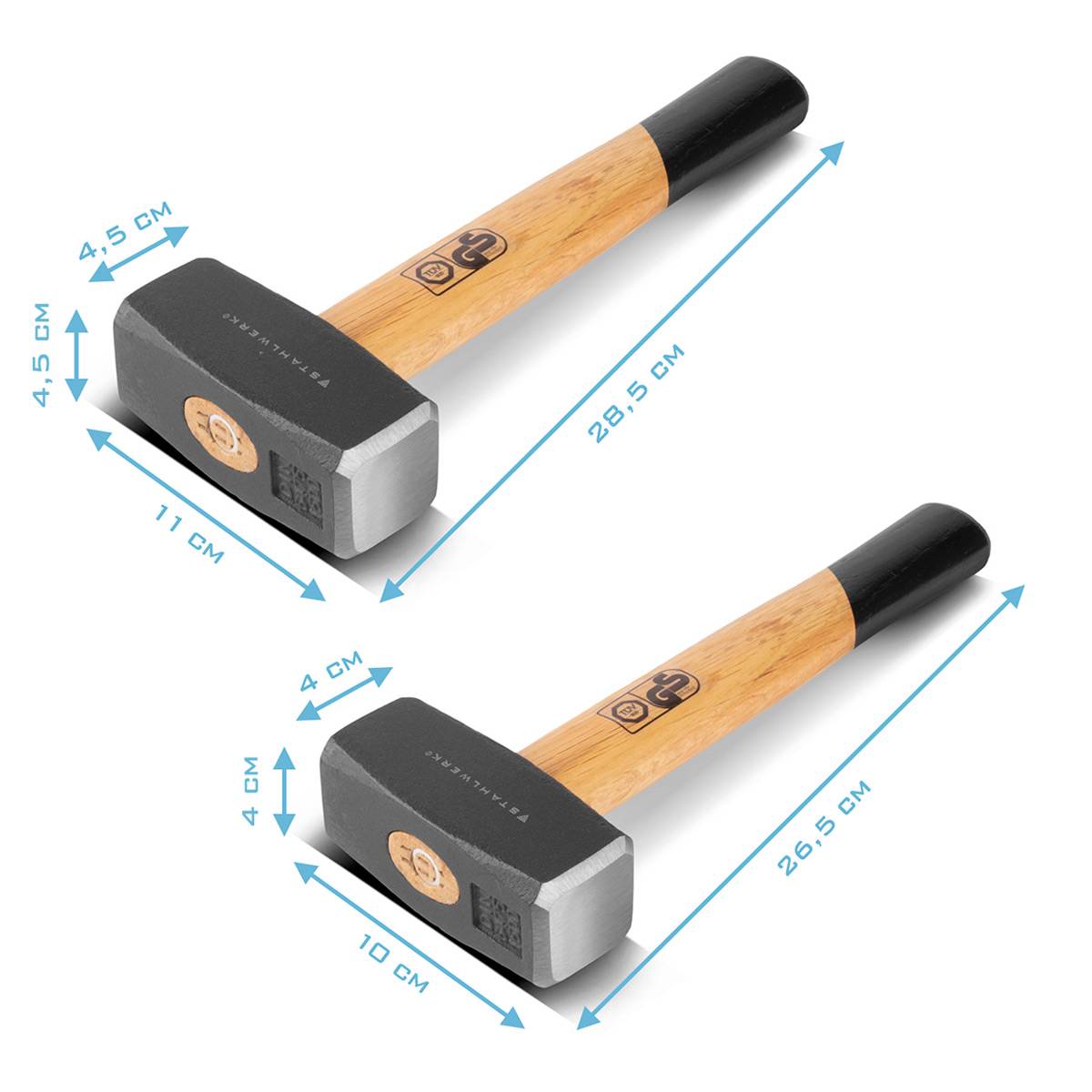 STAHLWERK Fäustel 2er Set 1000g 1500g Hammerkopf Plattenhammer aus Carbon-Stahl