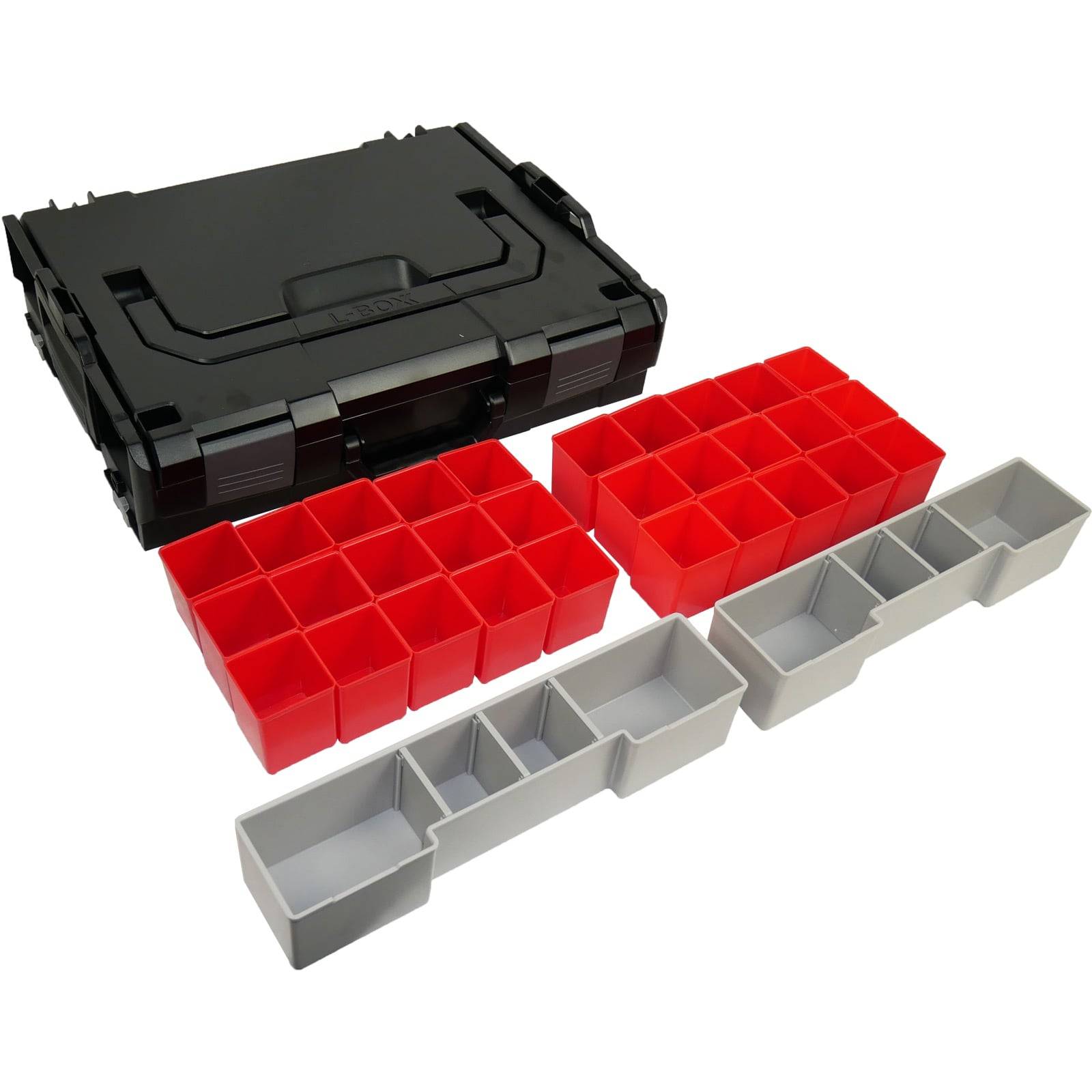 Eine schwarze Aufbewahrungsbox mit Griff, die rote und graue herausnehmbare Fächer zur Organisation von kleinen Gegenständen oder Werkzeugen enthält.