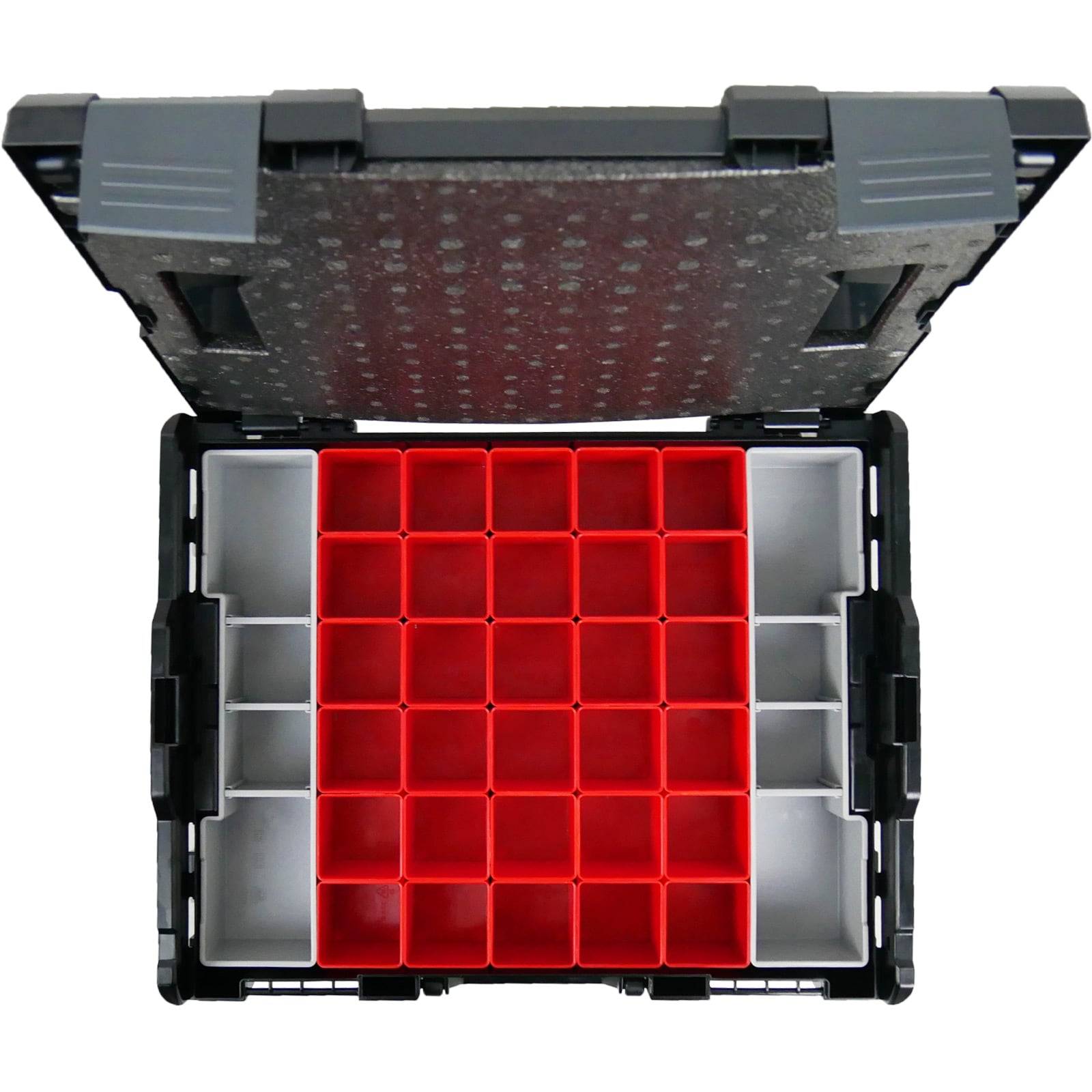 Öffnen Sie die Aufbewahrungsbox mit einem Raster aus kleinen Fächern. Der Großteil davon ist rot und wird von einer Bordüre aus grauen Fächern umgeben.