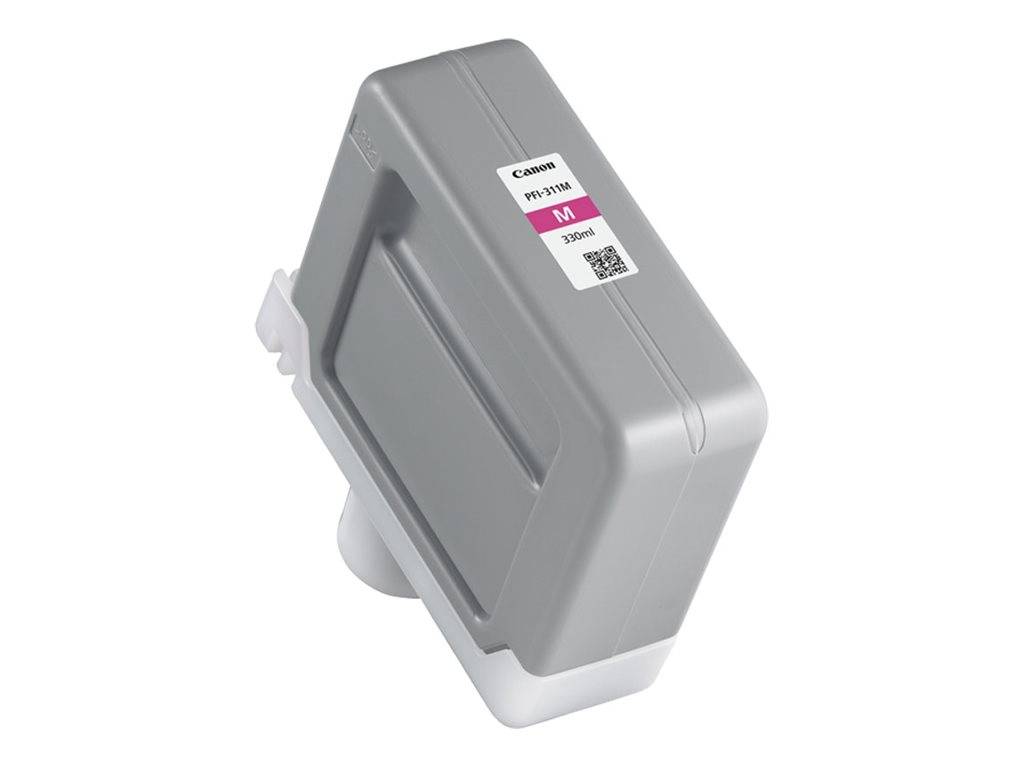 Grauer Canon-Tintenpatrone mit magentafarbenem Etikett und QR-Code, isoliert auf weißem Hintergrund dargestellt.