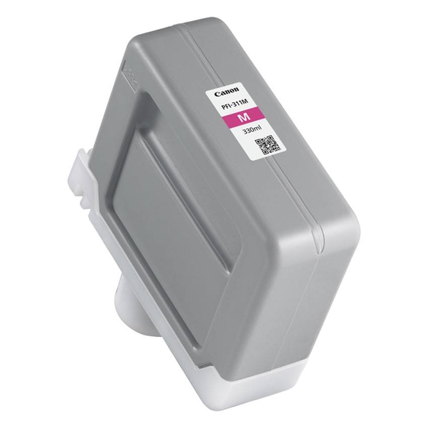 Grauer Canon PFI-311M Magenta-Tintenpatrone auf weißem Hintergrund.