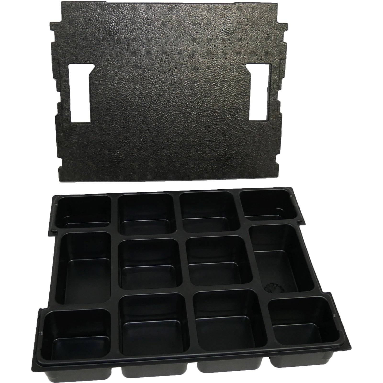 Ein schwarzes Schaumstoff-Verpackungstablett mit zwölf Fächern, entwickelt zum Halten und Schützen von kleinen Gegenständen während des Transports oder der Lagerung.