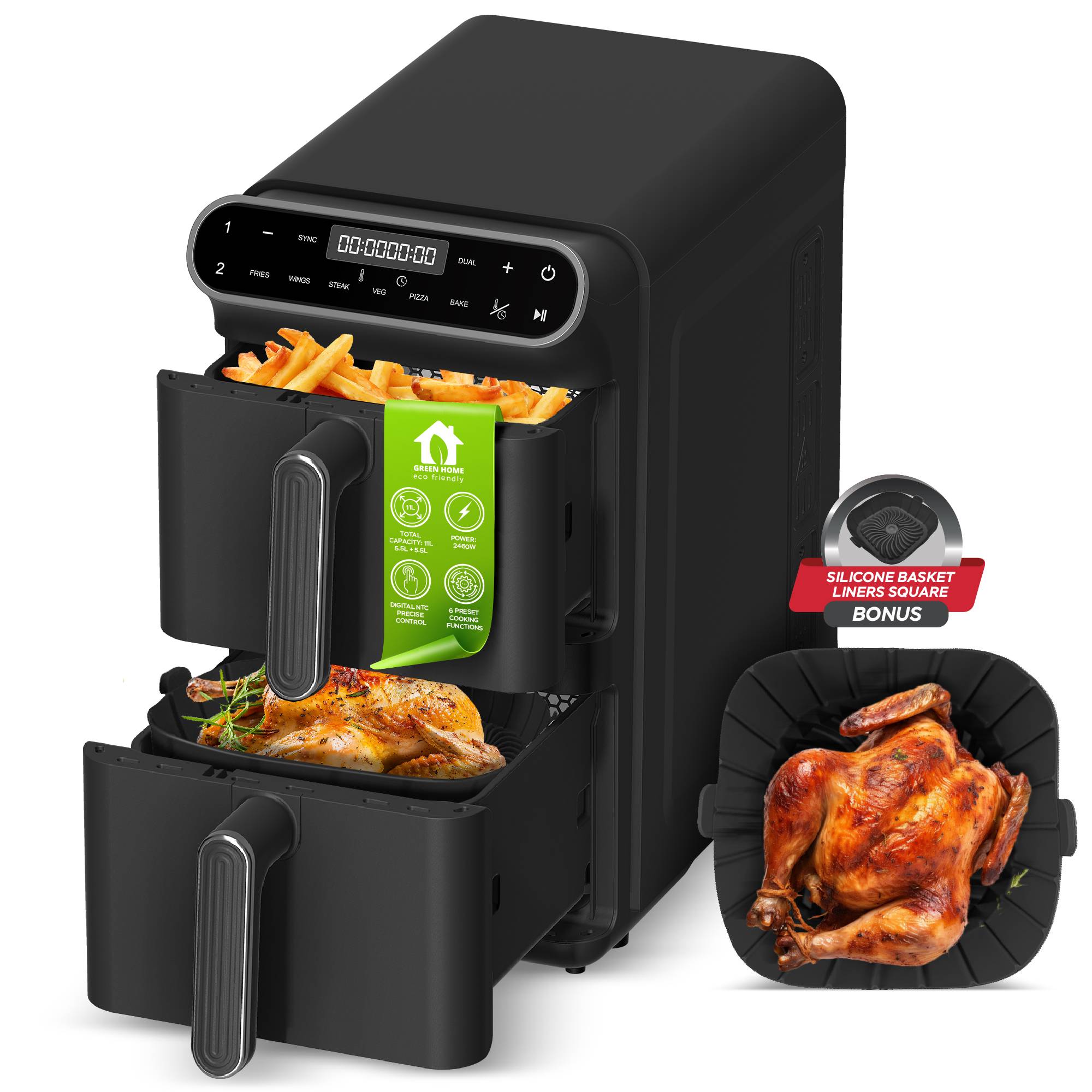 TurboTronic Heißluftfritteuse XXL - 11L Doppelkammer AirFryer 2 x 5,5L DualZone 6 Programme 2 Ebenen XtraSlim Design Heissluftfritteuse inkl