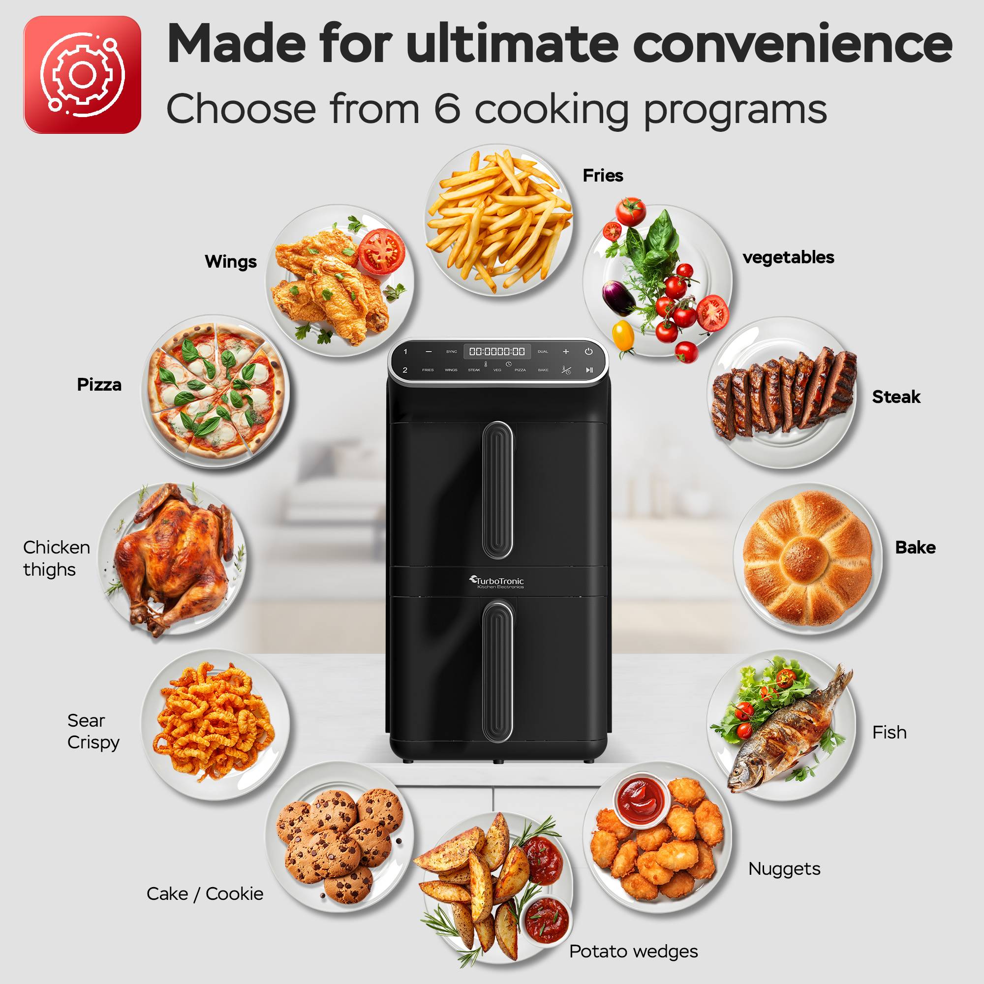 TurboTronic Heißluftfritteuse XXL - 11L Doppelkammer AirFryer 2 x 5,5L DualZone 6 Programme 2 Ebenen XtraSlim Design Heissluftfritteuse inkl