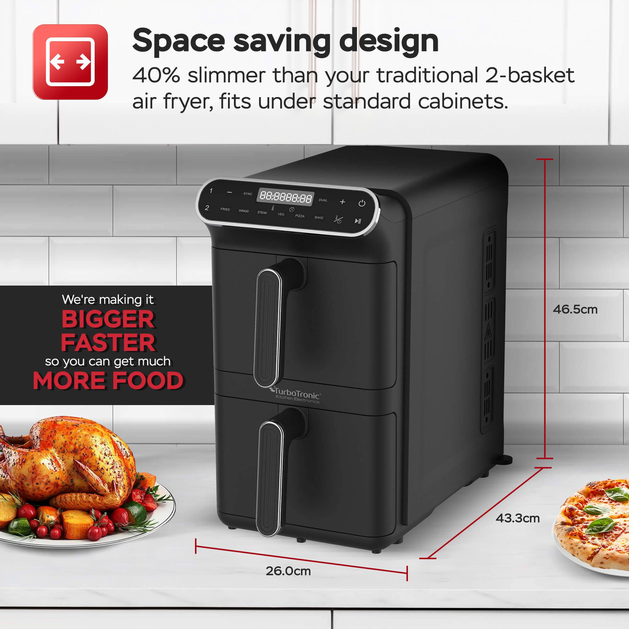 TurboTronic Heißluftfritteuse XXL - 11L Doppelkammer AirFryer 2 x 5,5L DualZone 6 Programme 2 Ebenen XtraSlim Design Heissluftfritteuse inkl