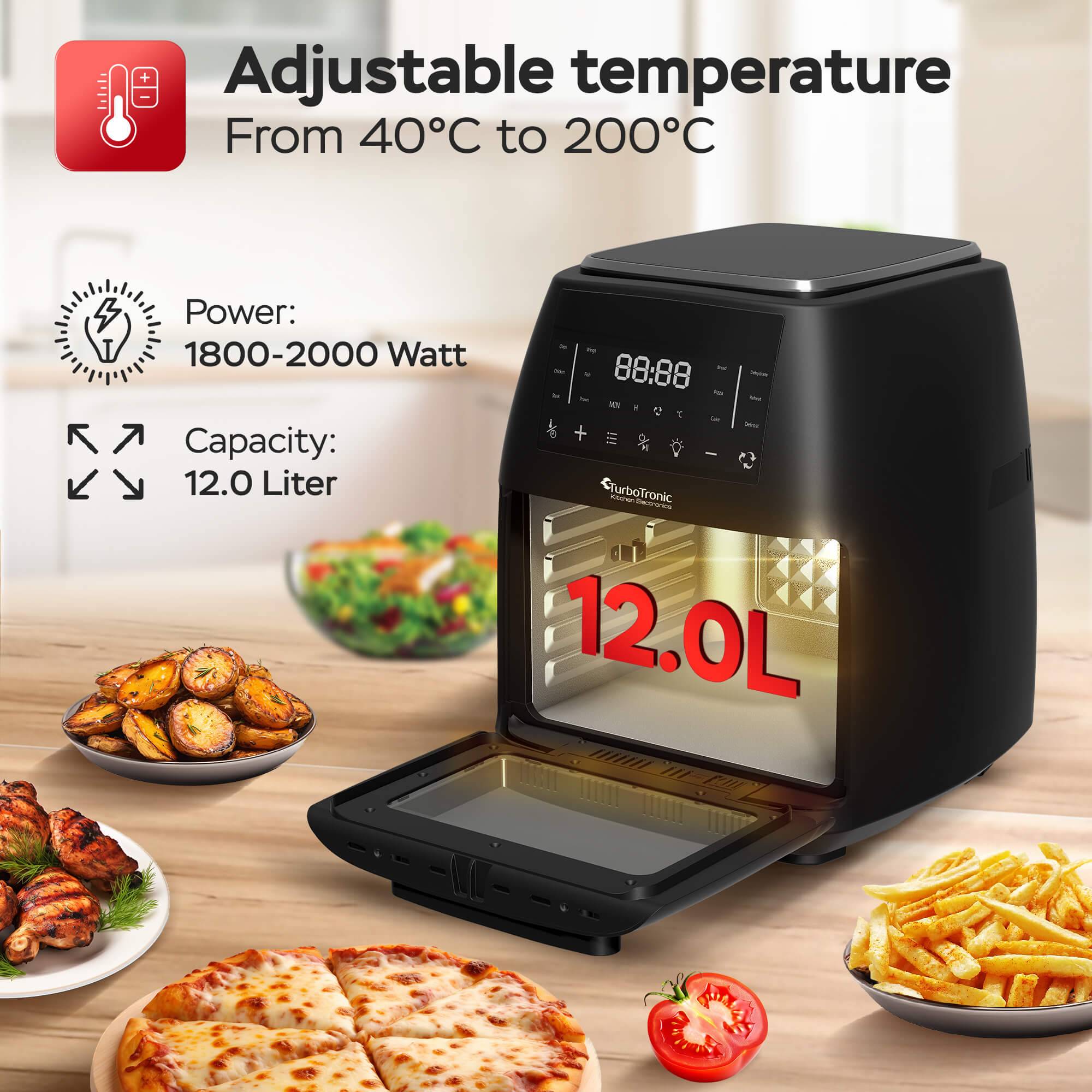 TurboTronic Heissluftfritteuse XL, 12 Liter - digitale Heißluftfritteuse 40-200°C Airfryer & Dörrautomat Luftfritteuse Air Friteuse Dörrfunktion