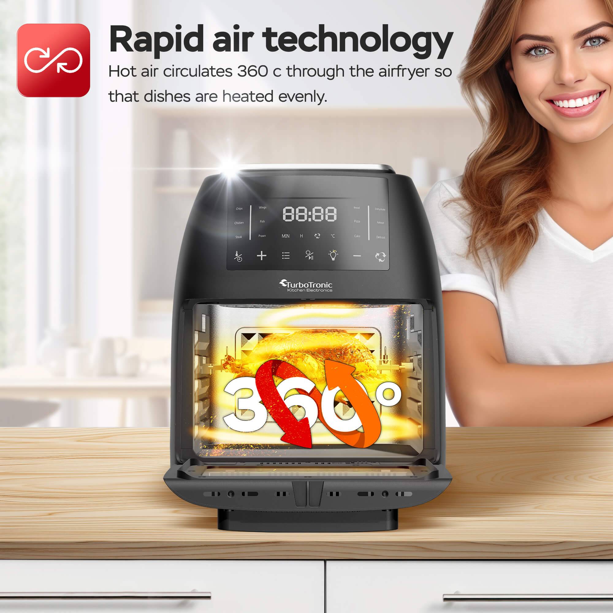 TurboTronic Heissluftfritteuse XL, 12 Liter - digitale Heißluftfritteuse 40-200°C Airfryer & Dörrautomat Luftfritteuse Air Friteuse Dörrfunktion