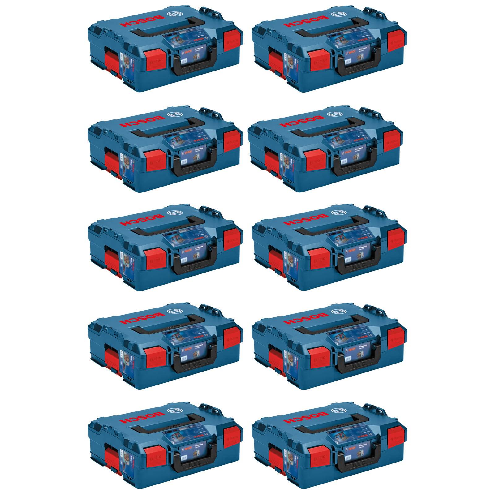 Zehn gestapelte blaue Werkzeugkästen mit roten Verschlüssen und 'Bosch' Branding, in einem Rastermuster angeordnet.