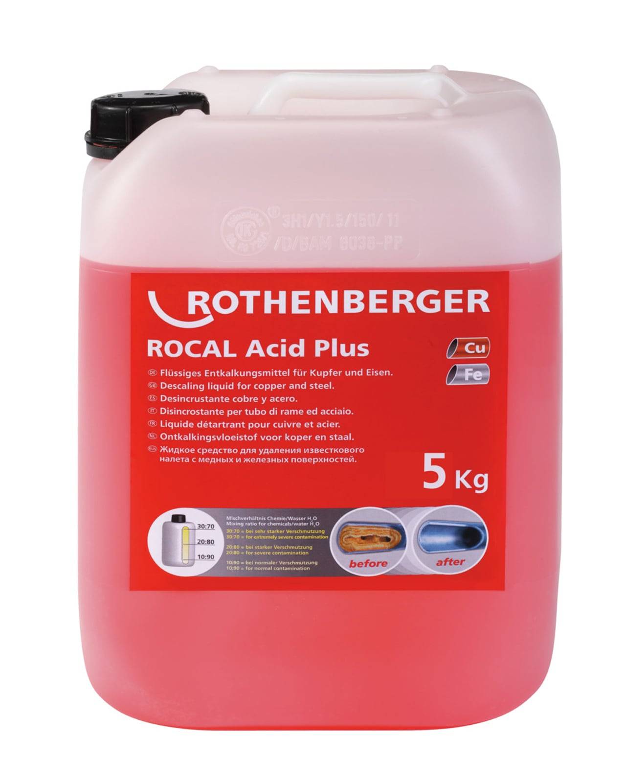 Ein 5-kg-Behälter von Rothenberger Rocal Acid Plus, verwendet für Entkalkungsflüssigkeiten für Kupfer und Stahl, mit Produktdetails und Markenkennung.