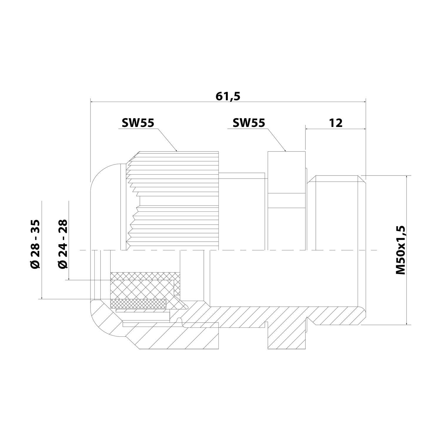 Technische Zeichnung einer zylindrischen Komponente mit Abmessungen, beschriftet mit SW55, M50x1.5 und 24-35. Enthält Messungen in Millimetern.