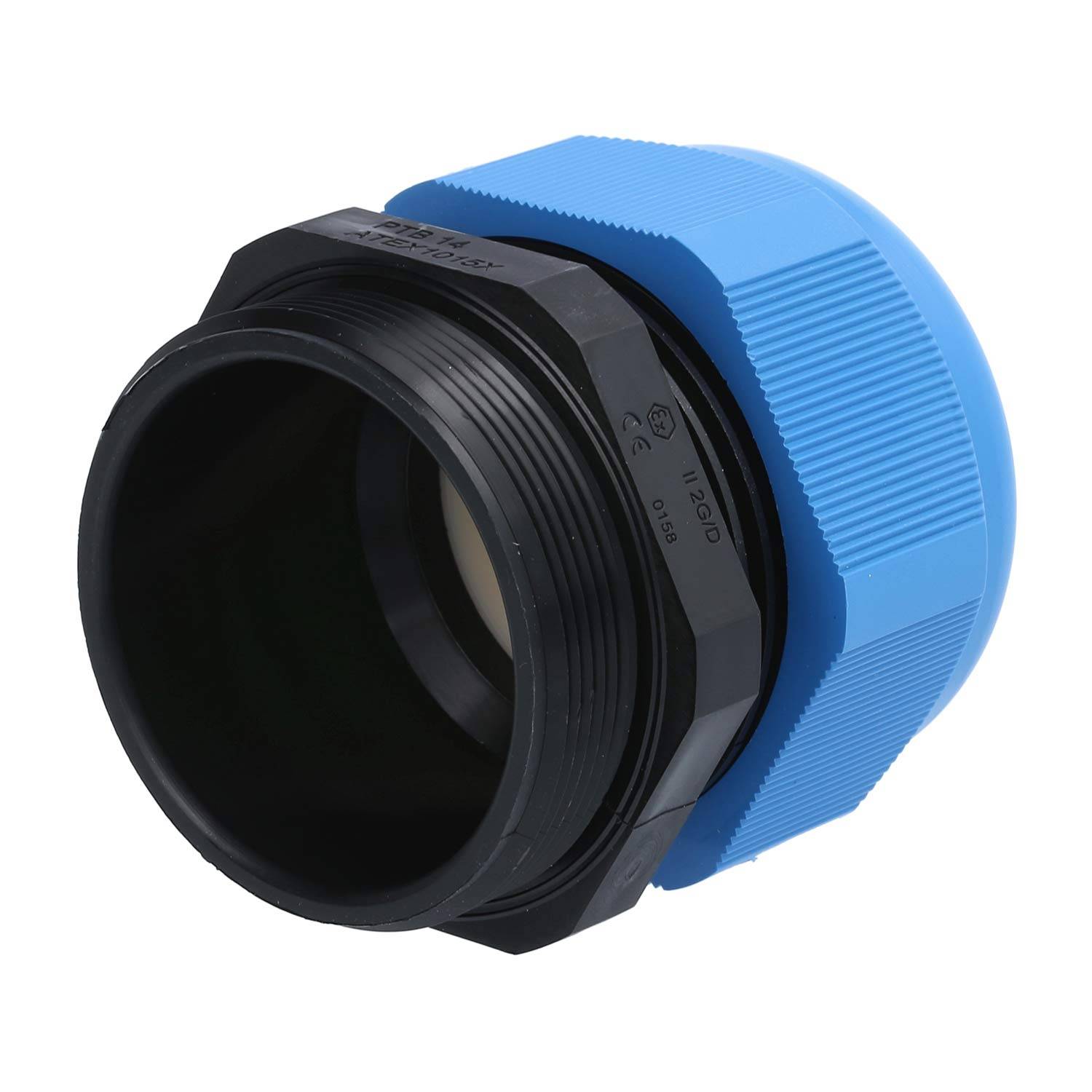 Eine Nahaufnahme einer blauen und schwarzen mechanischen Kupplungskomponente zum Verbinden von Rohren oder Kabeln, mit geränderten und gerillten Oberflächen.