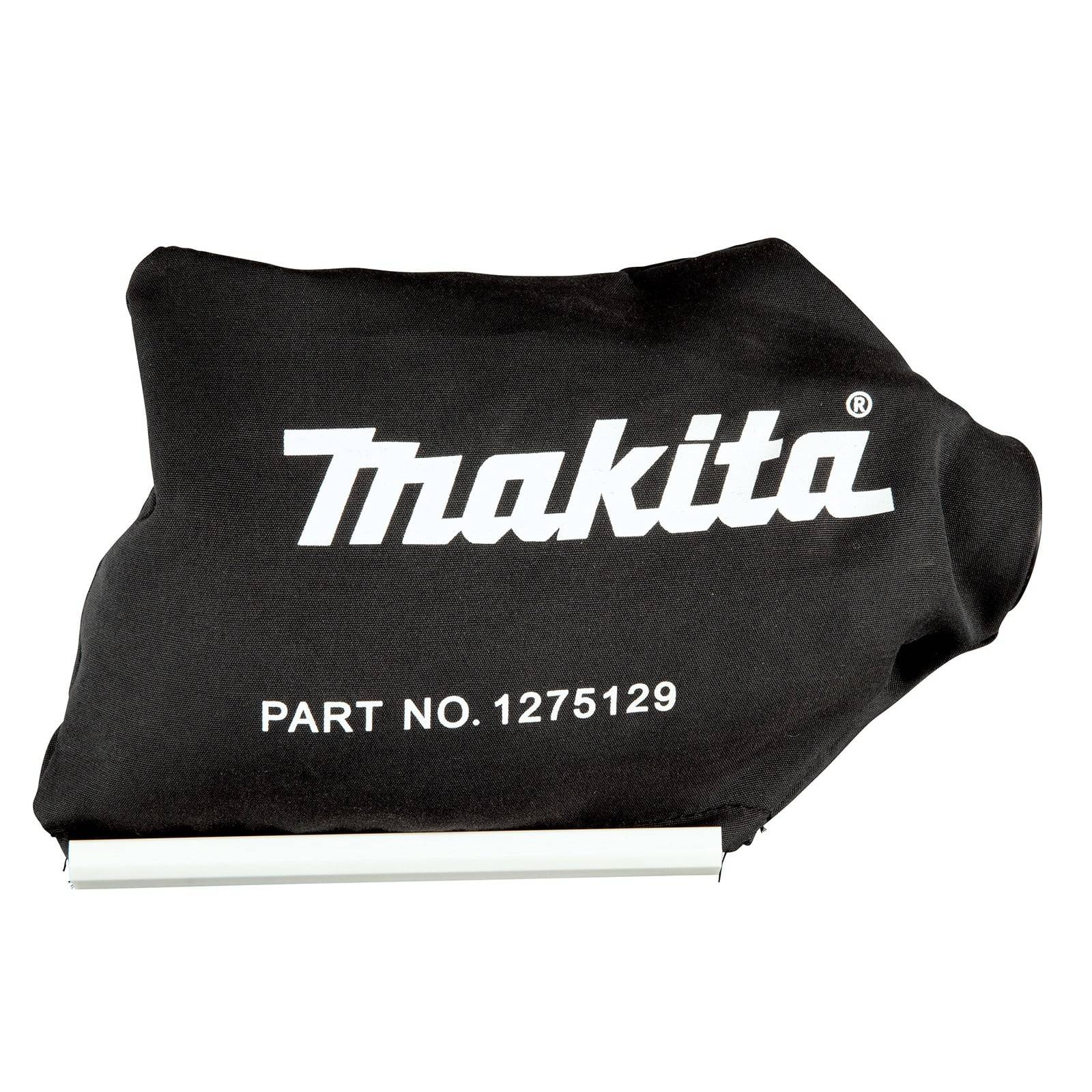 Ein schwarzer Staubsammelbeutel mit 'Makita' in weißer Schrift und 'Artikelnr. 1275129', die darunter gedruckt sind.