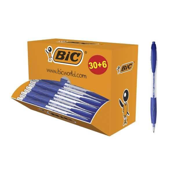 BIC-Kugelschreiber-Displaybox mit 30+6 blauen Kugelschreibern und einem daneben gezeigten Stift