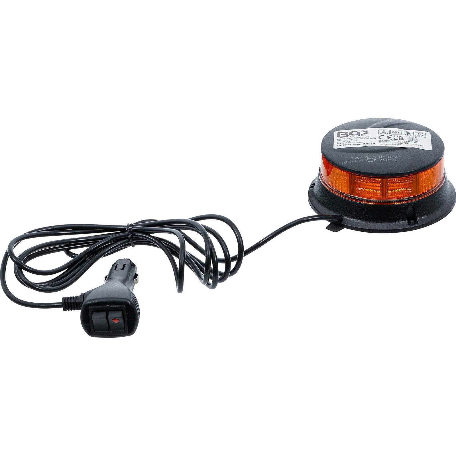 Eine orange LED-Warnleuchte mit schwarzem Sockel, angeschlossenem Kabel und Stecker, die zur Signalgebung bei Einsatzfahrzeugen verwendet wird.
