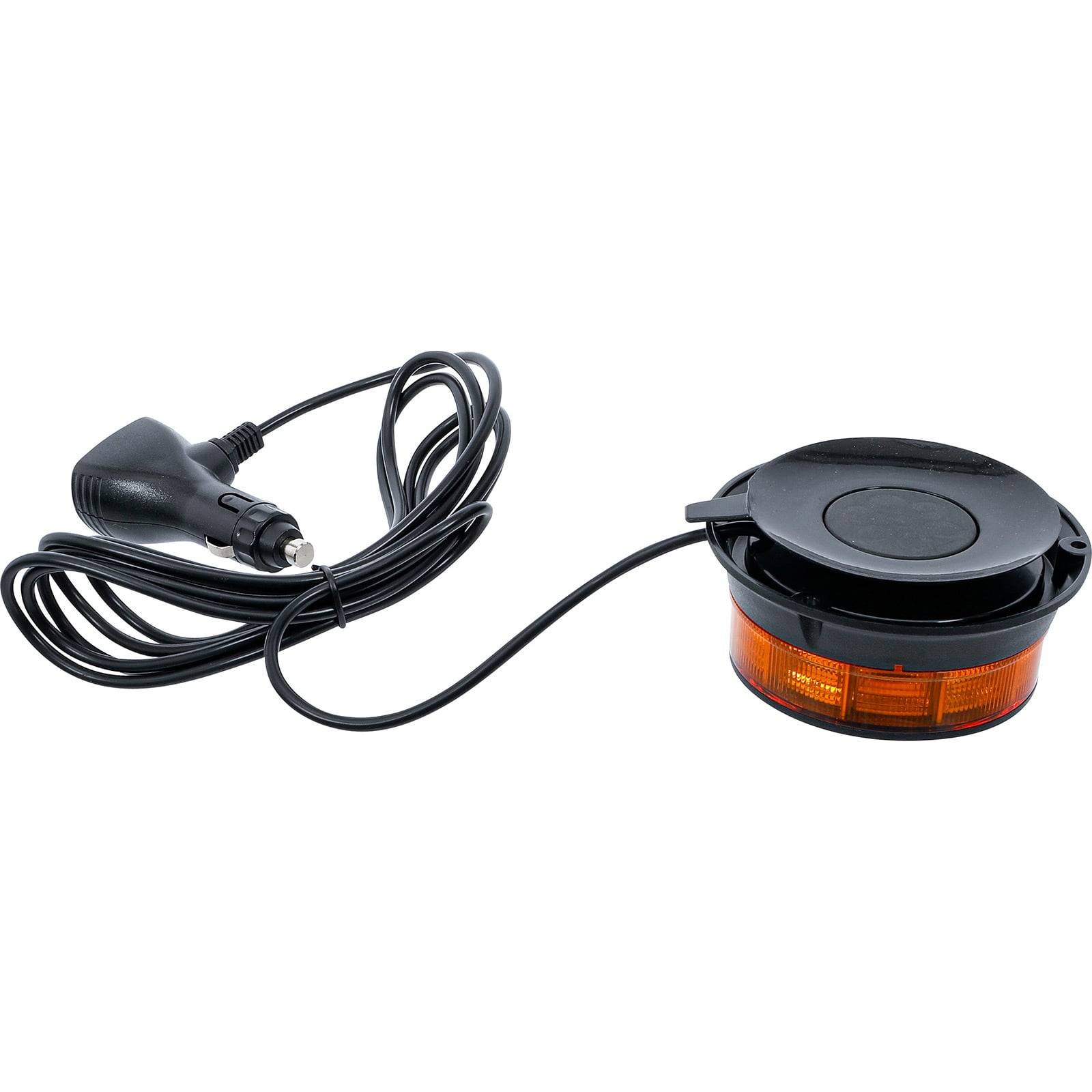 Eine orange LED-Warnleuchte mit schwarzer Basis, angeschlossen an ein spiralförmiges Netzkabel mit einem Autoladestecker.