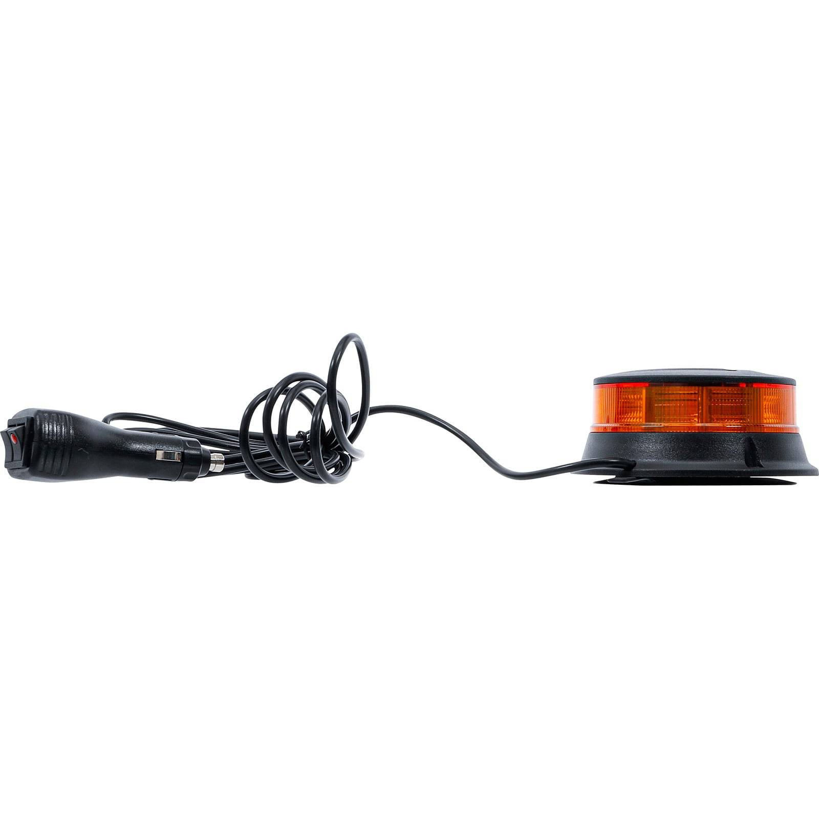 Orangefarbene magnetische LED-Stroboskoplampe mit Spiralkabel und Autoladestecker, verwendet für Signal- oder Notfallzwecke.