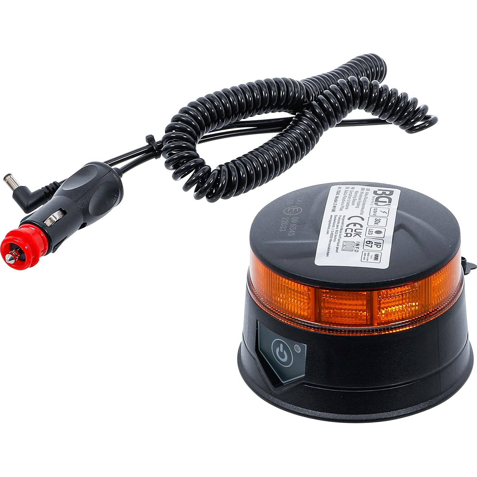 Eine schwarze und orange magnetische LED-Warnleuchte mit einem gewickelten Netzkabel und Stecker, die für den Einsatz in Fahrzeugen konzipiert ist.