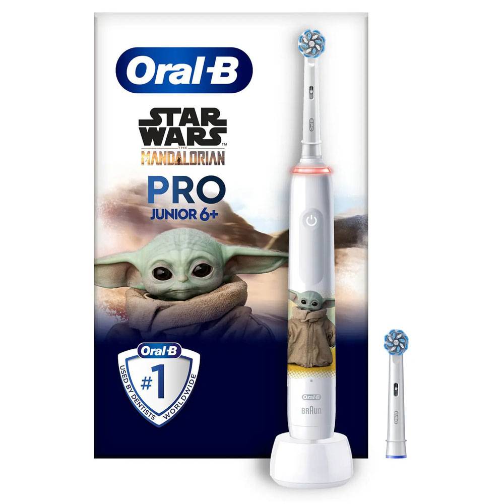Oral-B Pro Junior 6+ elektrische Zahnbürste mit dem Thema 'Star Wars Mandalorian' und einem Charakterbild auf der Verpackung.