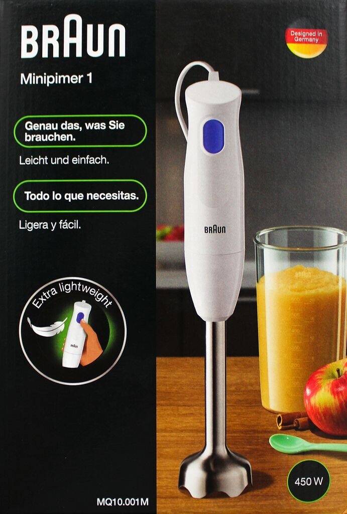 Stabmixer neben einem Glas mit flüssigem Orangensaft. Text: 'Extra leicht', 'Genau das, was Sie brauchen. Leicht und einfach.