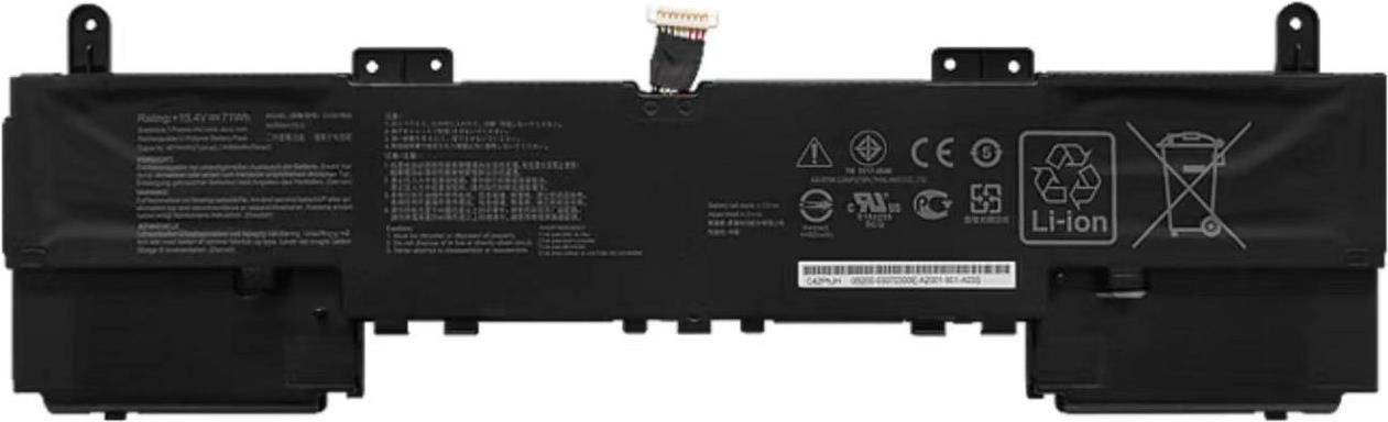 Ein rechteckiger schwarzer Laptop-Akku mit Etiketten, technischen Spezifikationen und Symbolen für Sicherheit, Recycling und Spannungsinformationen.