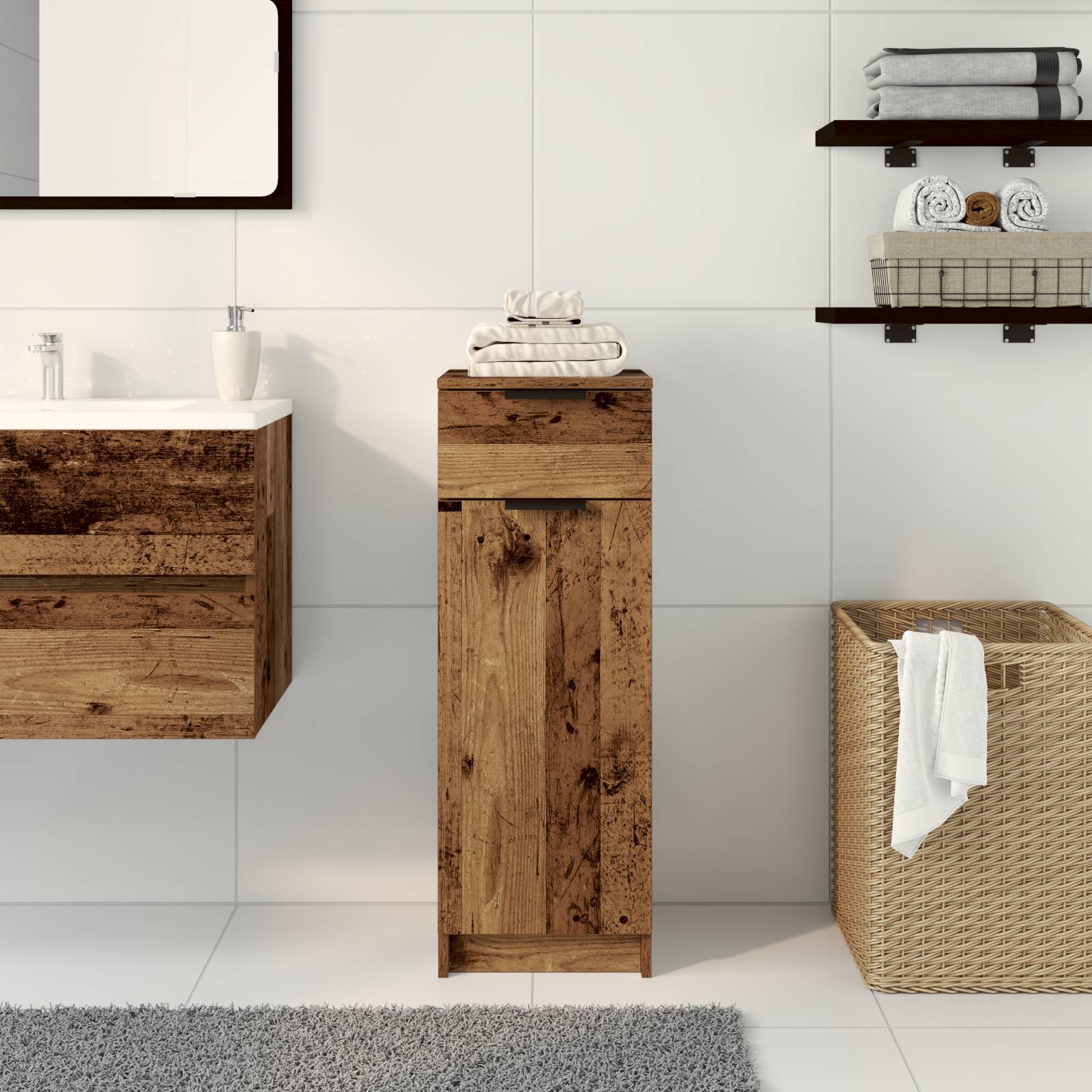 vidaXL Badschrank Altholz 32x34x90 cm Holzwerkstoff