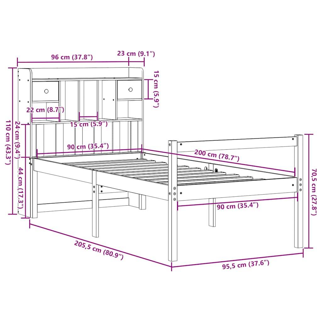 vidaXL Massivholzbett mit Regal ohne Matratze 90x200 cm Kiefer