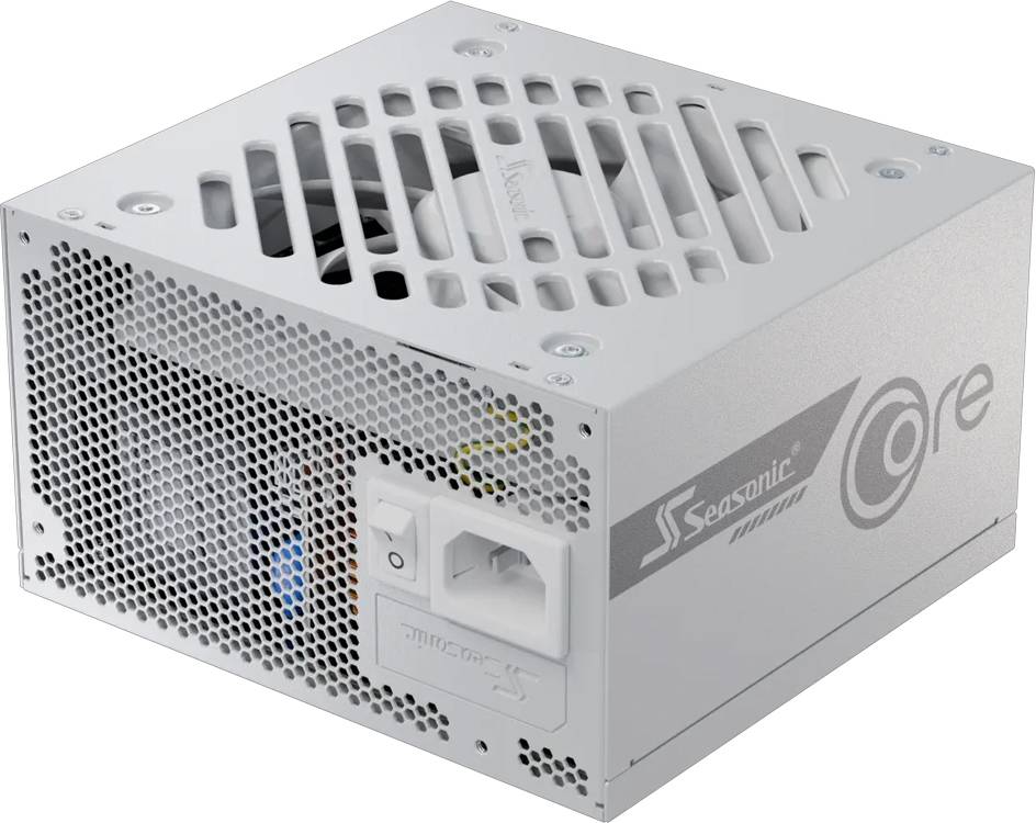 Eine silberne Computernetzteileinheit mit einem Gitter auf der Oberseite für die Luftzirkulation und zwei Anschlüssen an der Seite zum Anschließen von Kabeln.