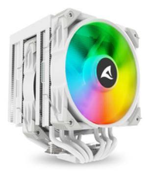 Ein Computer-CPU-Kühler mit einem weißen Kühlkörper und einem Lüfter, der Rainbow-farbene LED-Lichter zeigt.