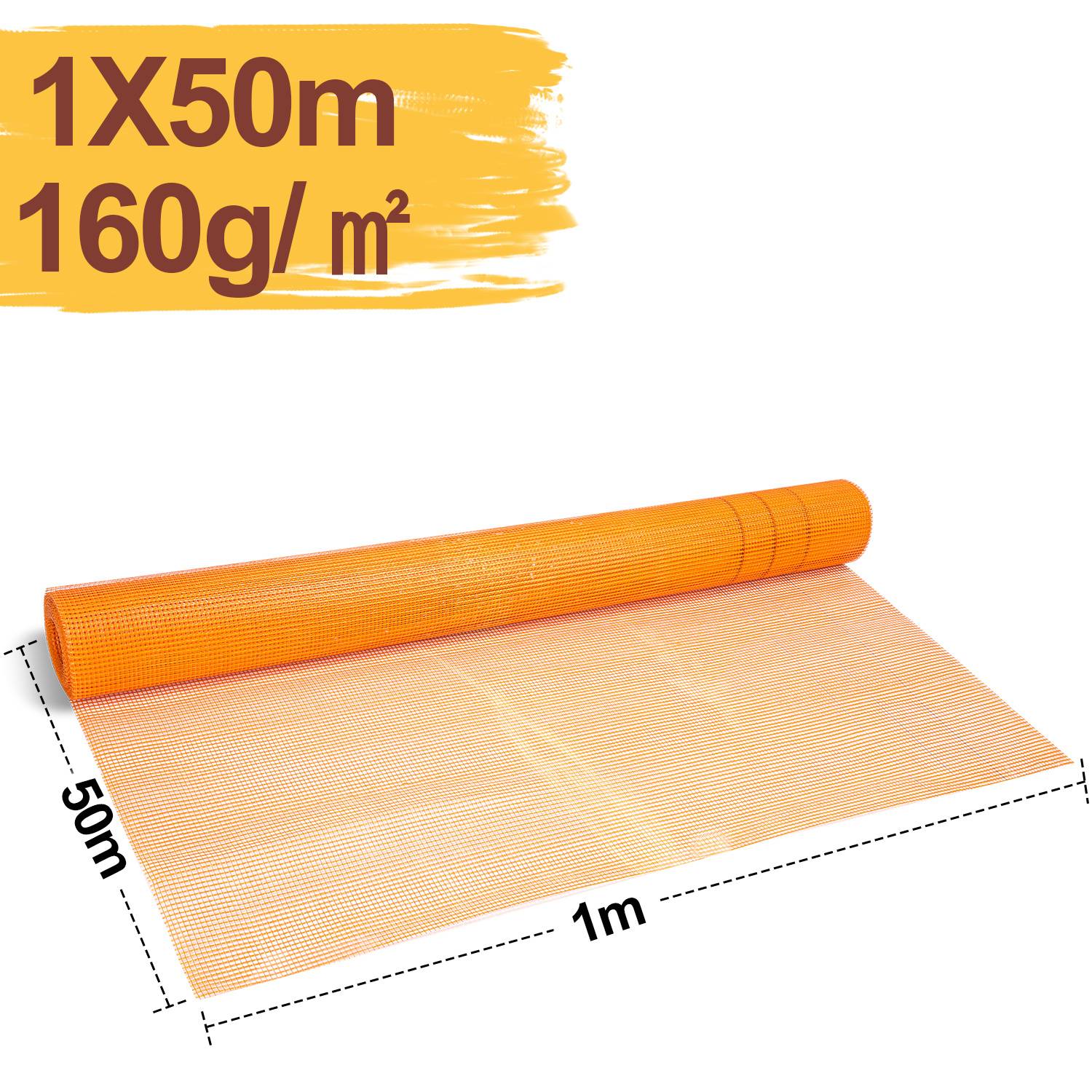 Orange-Kunststoffnetzrolle, 1x50 m und 160 g/m², gezeigt aufgerollt auf 1 m Breite.